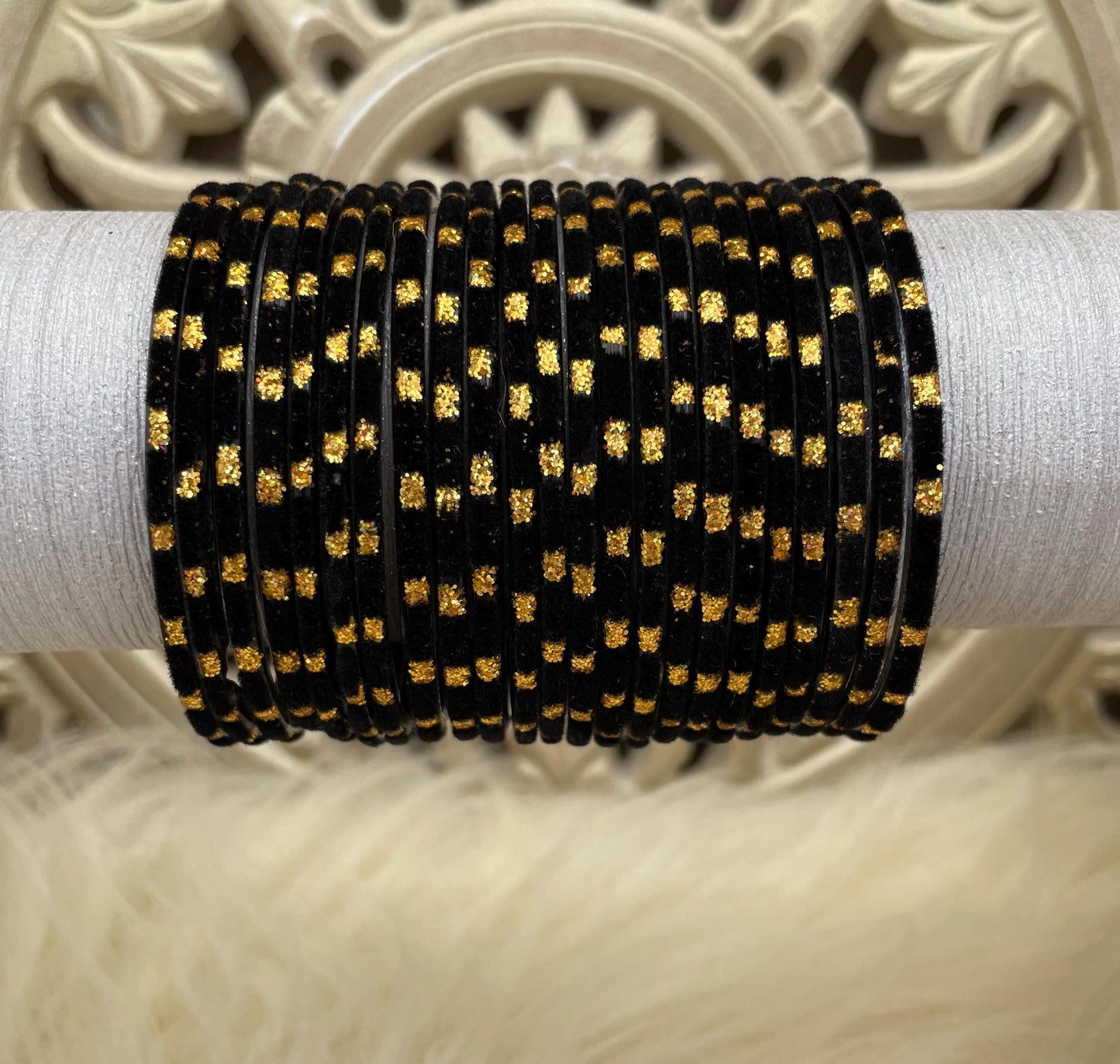 Black Glass Bangles Set with Gold Dots – Indian Traditional Stack Bracelets for Women, Wedding Jewelry| Hand-crafted| 10 Bangles