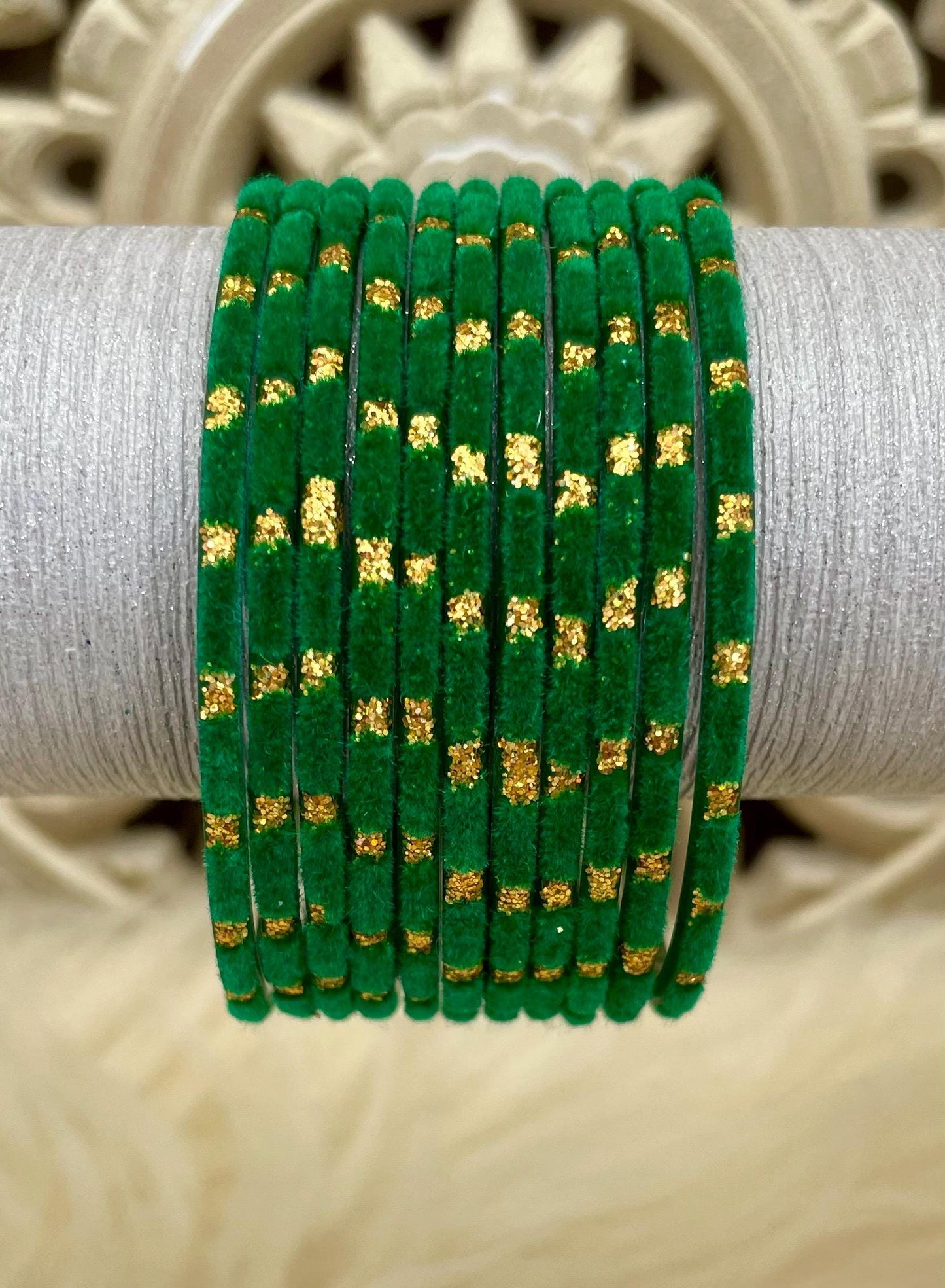 Green Glass Velvet Bangles Set with Gold Dots – Indian Traditional Stack Bracelets for Women, Wedding Jewelry| 10 Bangles