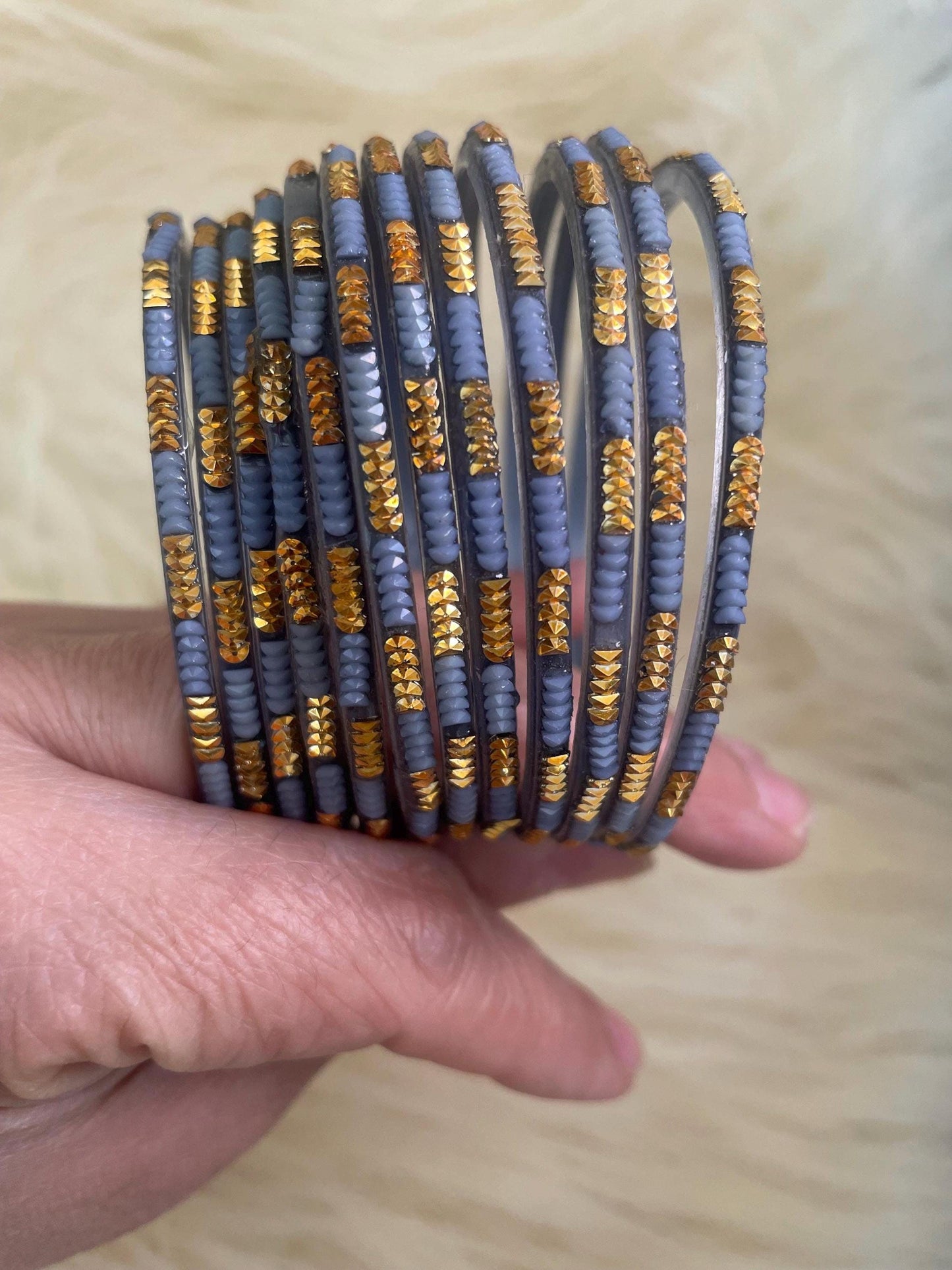Gray Soofiya Grey Coloured Glass Bangles with embellishments | 12 Bangles