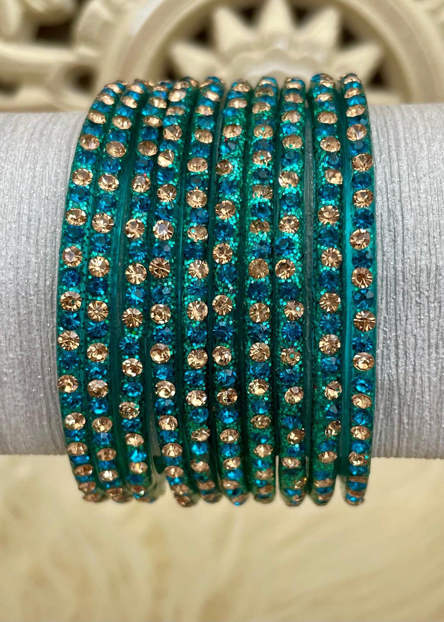 Teal Peacock Green Coloured Glass Bangles with sparkling LCD stones| 10 Bangles