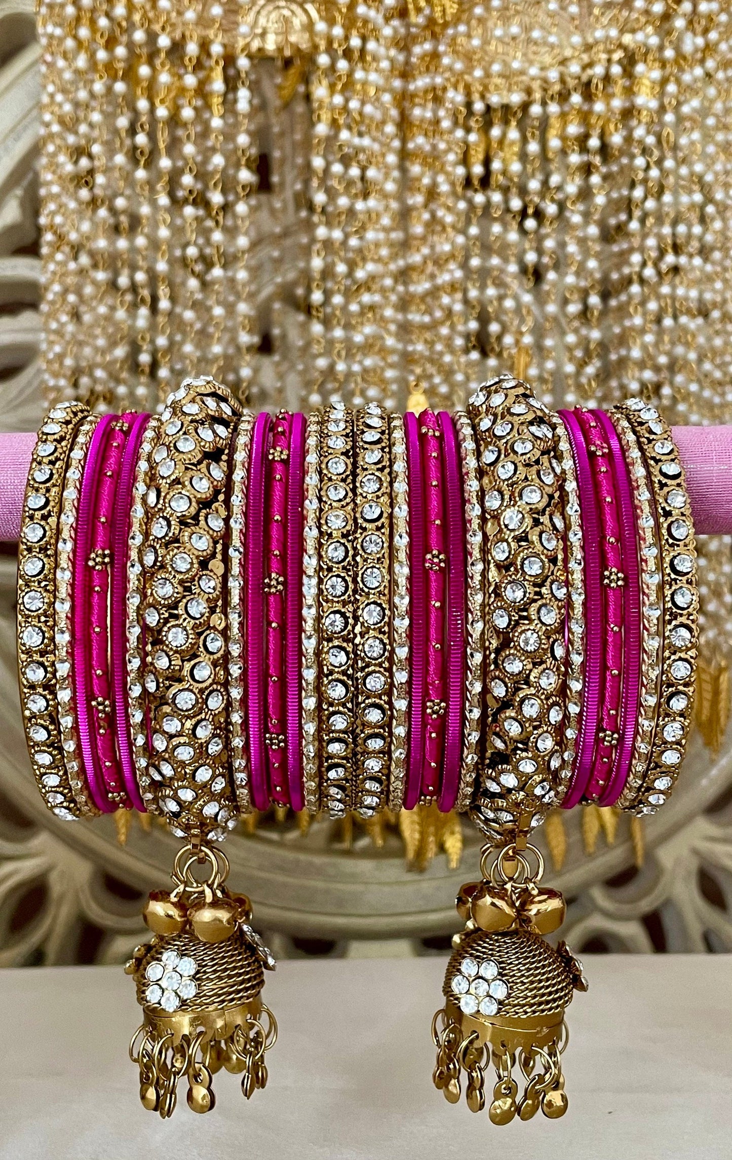 Indian Jhumki Latkan Metal& Thread Bangles Set Bollywood Costume Jewelry Diamante Rhinestones