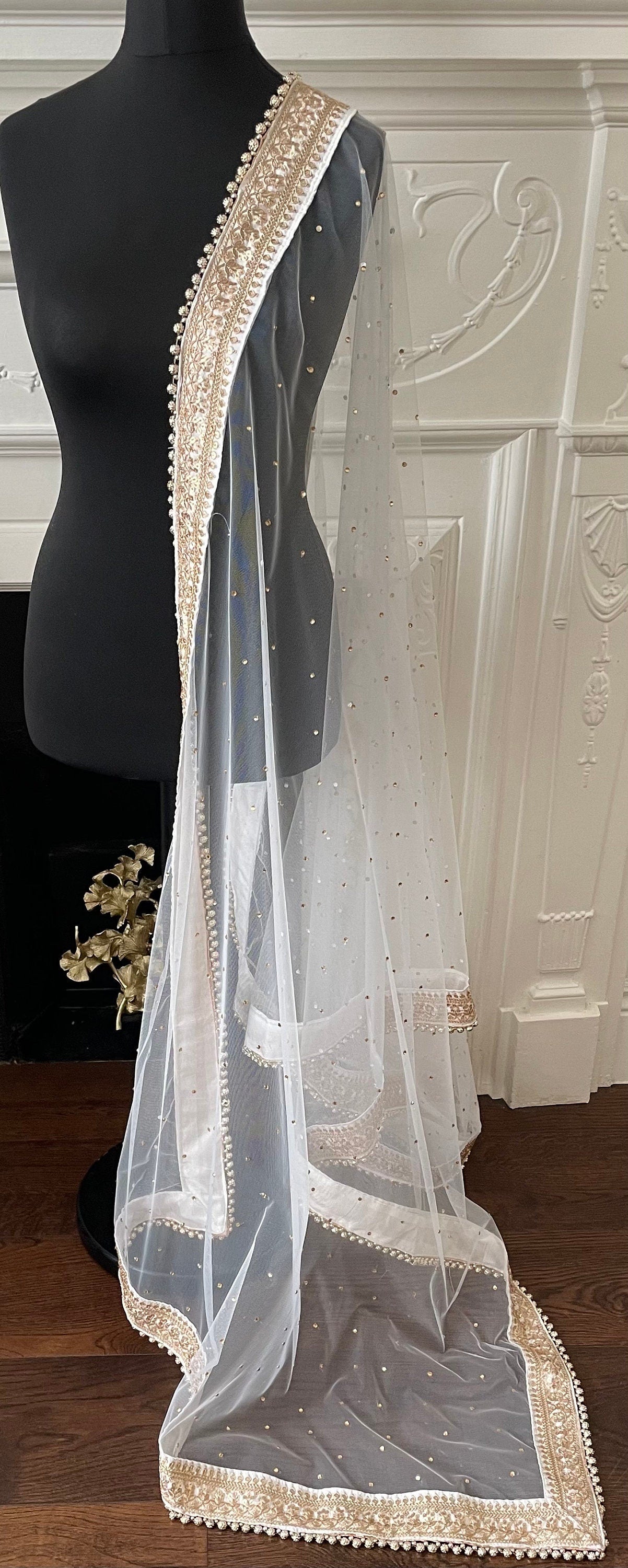 White Bridal Net Duppatta: Golden Bead Trim, Indian Wedding Scarf