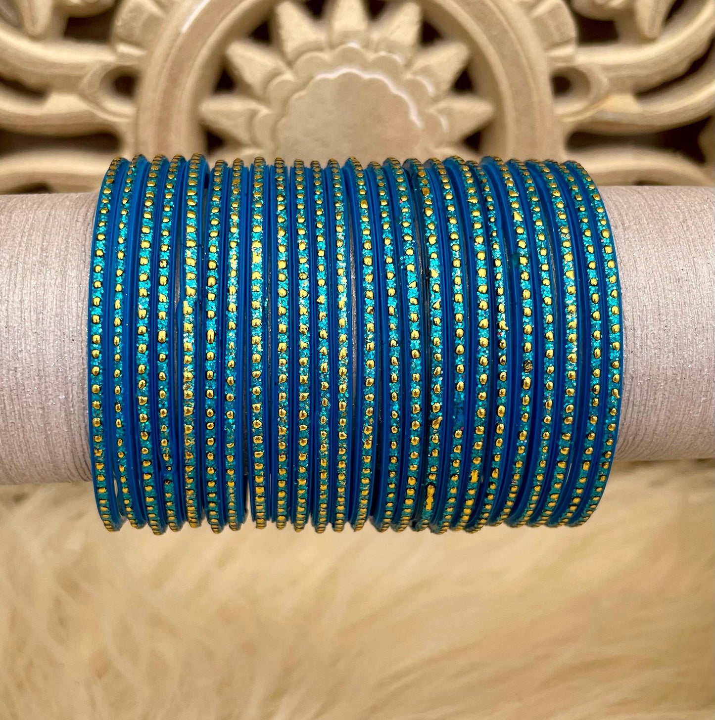 Glass Bangles- Blue Firozi Colour Pack of 12 Glitter