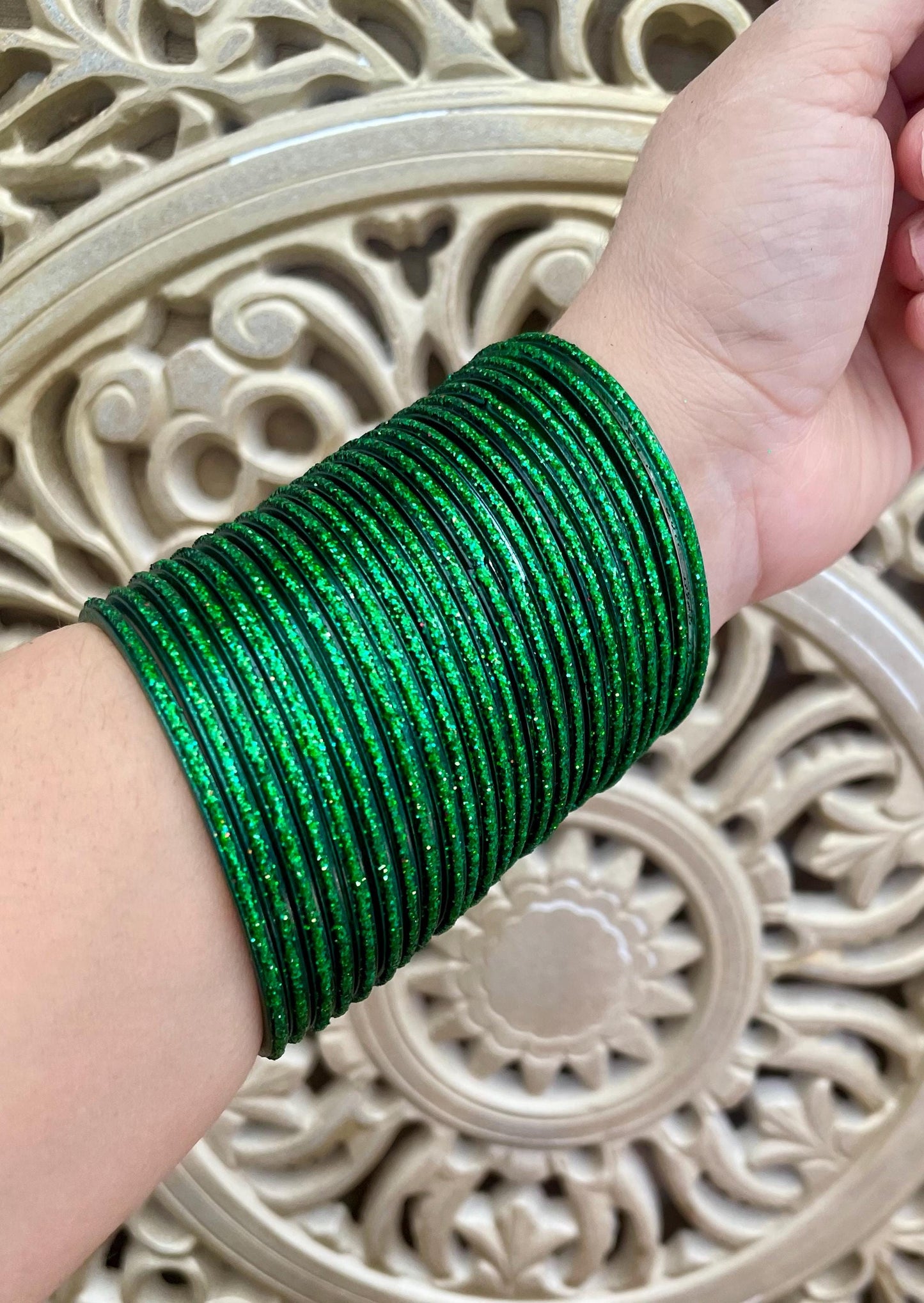 Glass Bangles- Green Dark Kai Colour Pack of 12 Glitter