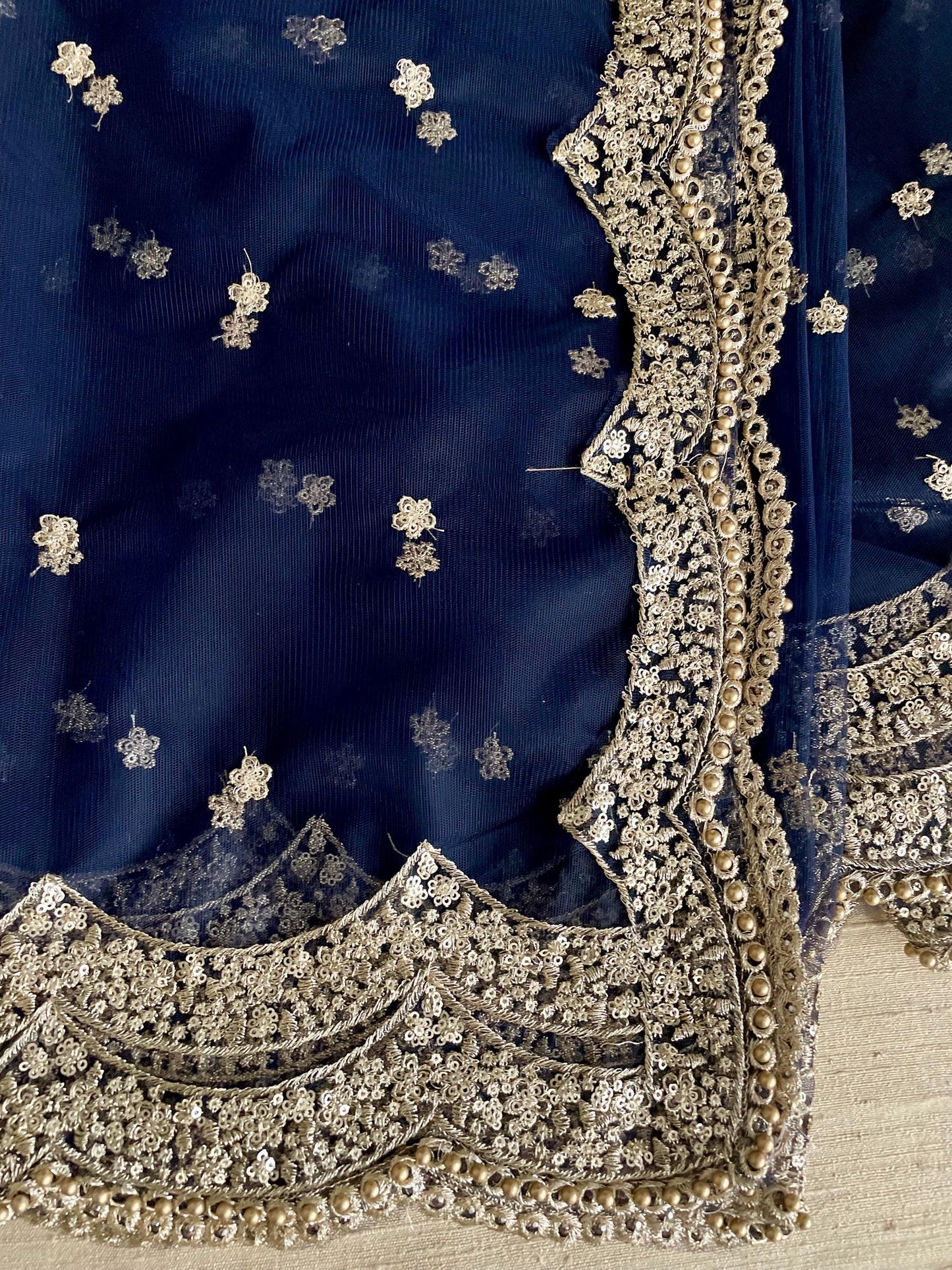 Navy - Blackish Blue| Net Duppattas scallop Sequin Golden beads border Scarf Chunni Chunri