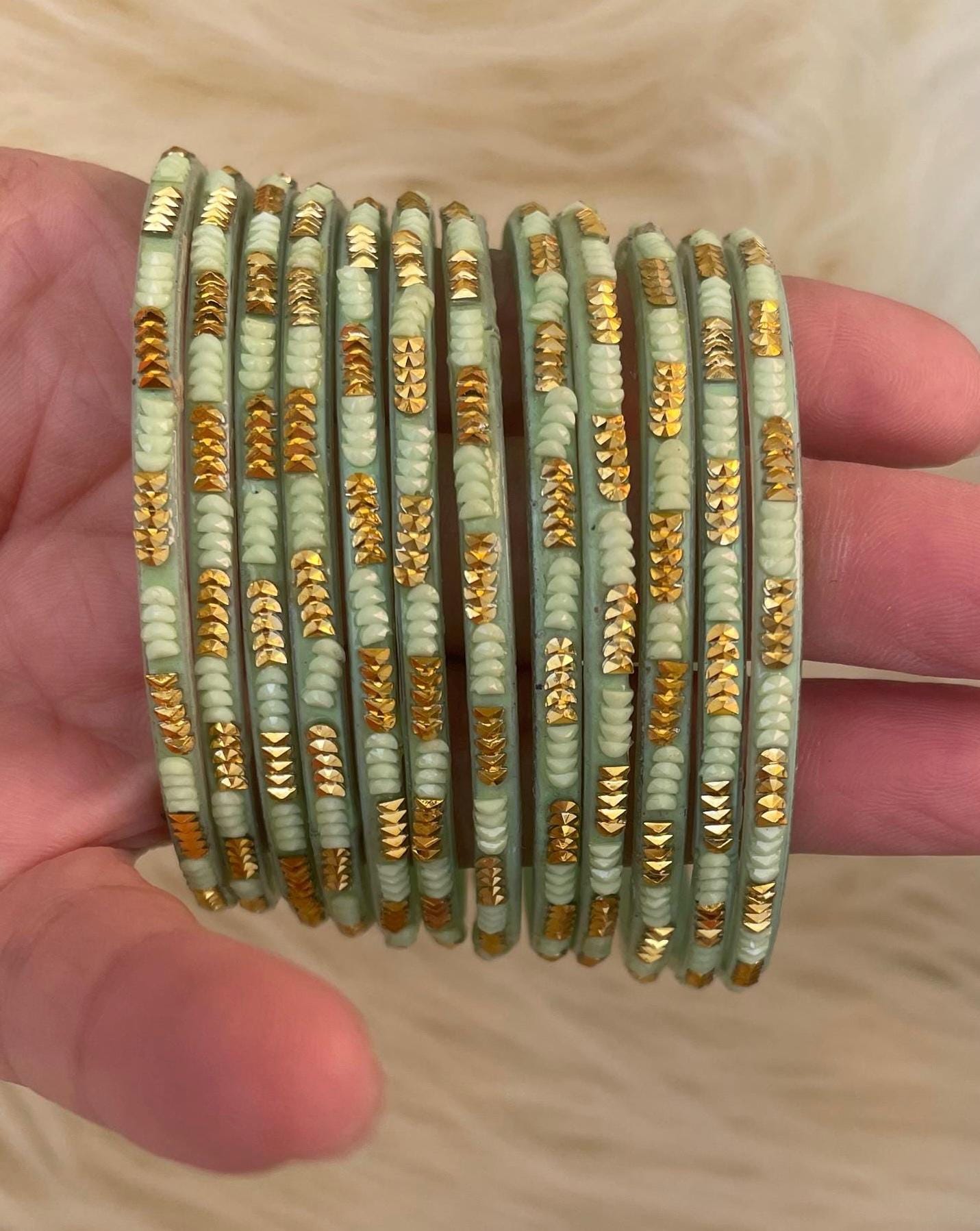 Glass Minty Soofiya Green Coloured Glass Bangles with embellishments | 12 Bangles