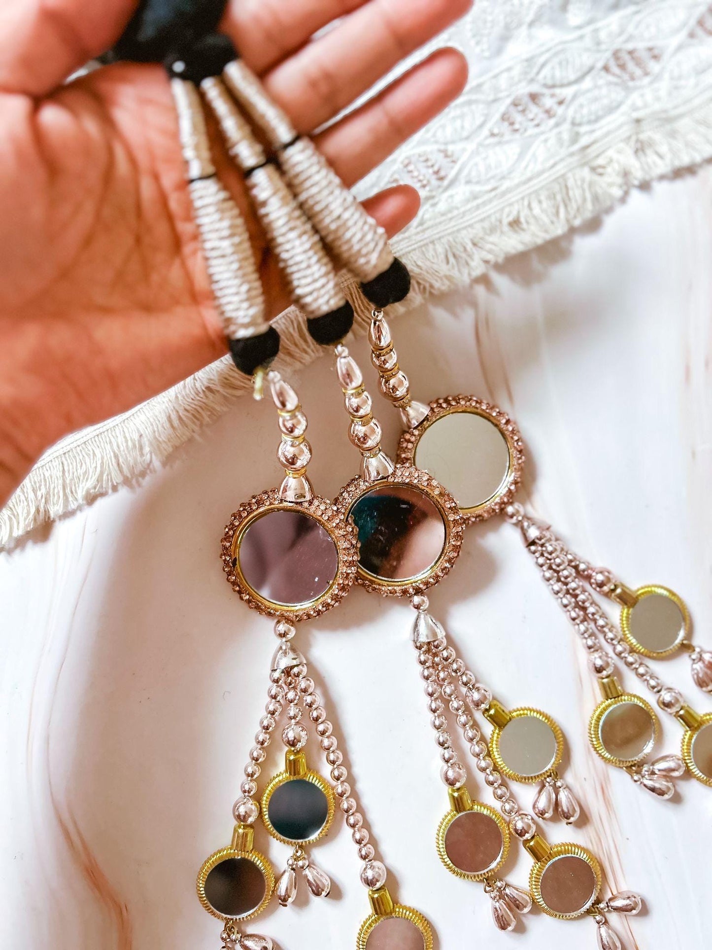 Mirror Paranda: Punjabi Hair Braid Accessory with Copper-Gold Latkans
