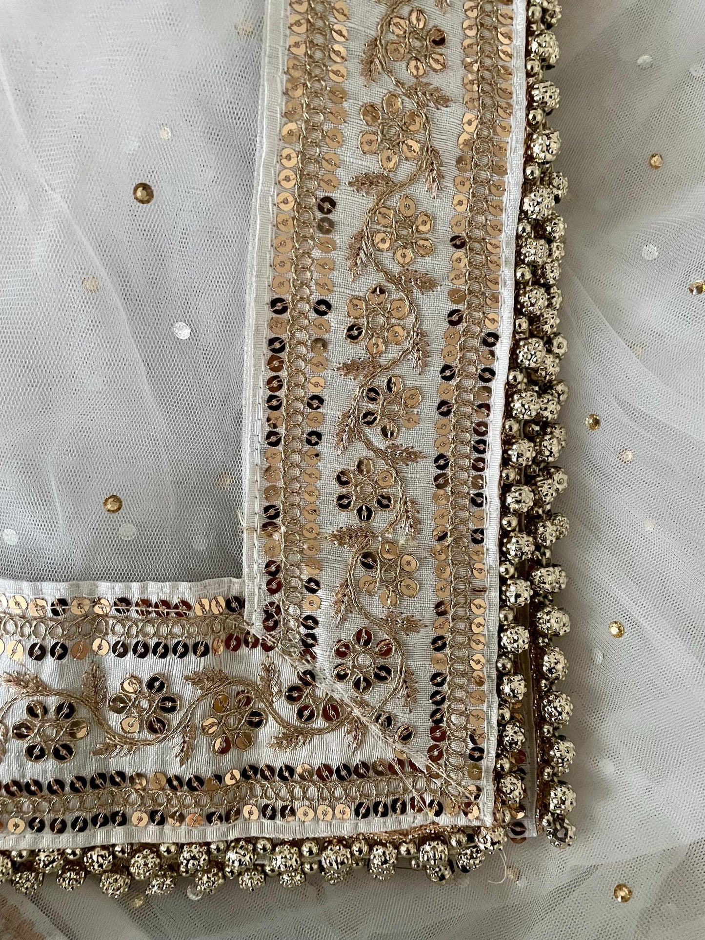 White Bridal Net Duppatta: Golden Bead Trim, Indian Wedding Scarf