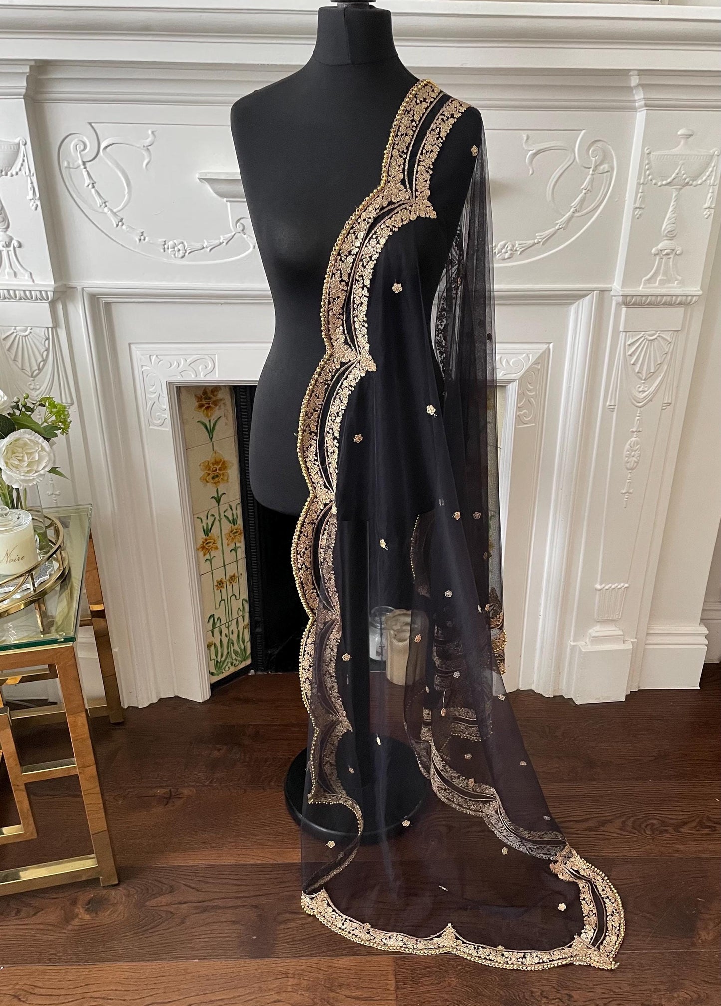 Black Net Dupatta: Scalloped Sequin Border, Golden Beads