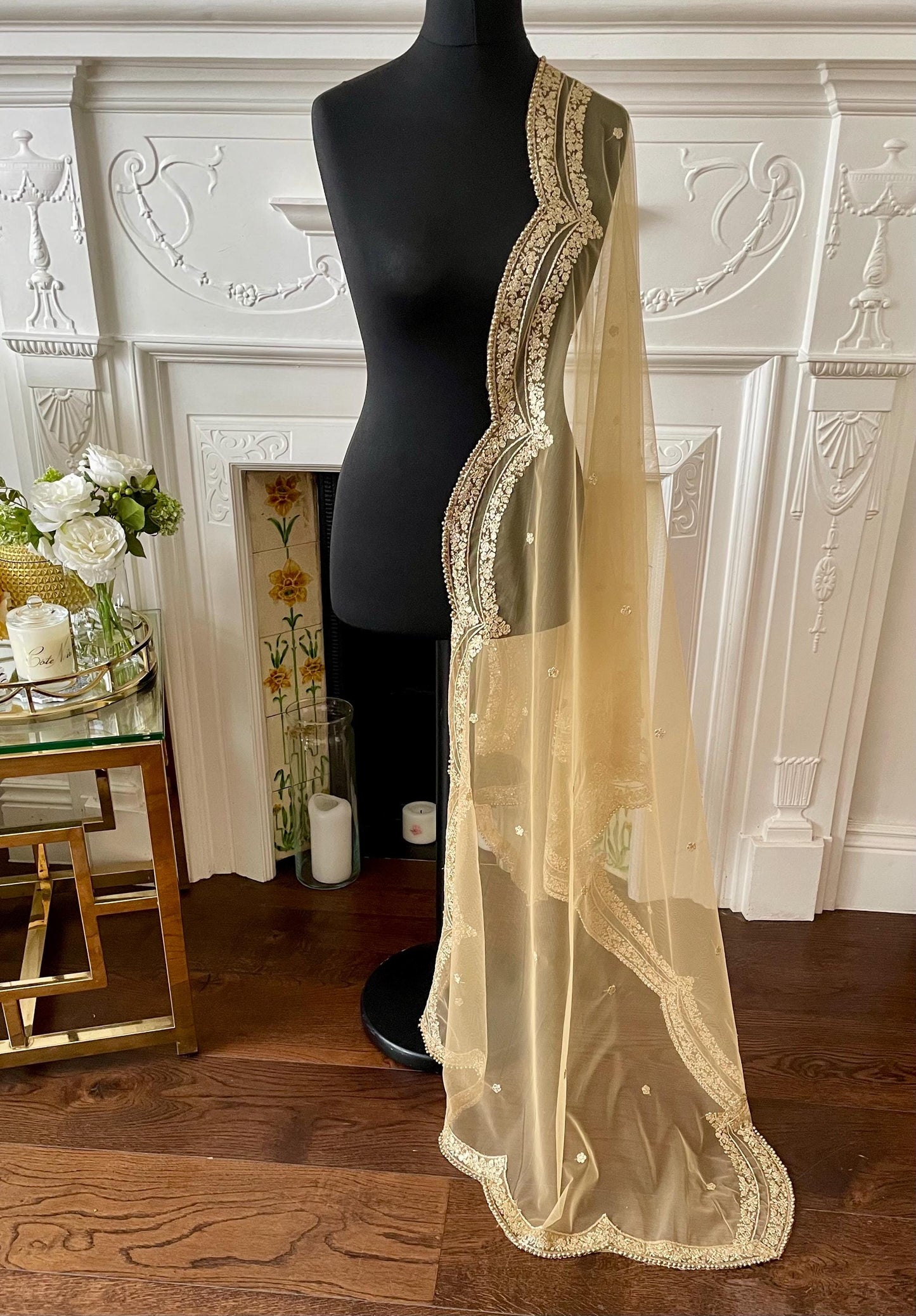 Gold Net Dupatta: Scalloped Sequin Border, Beaded Edges