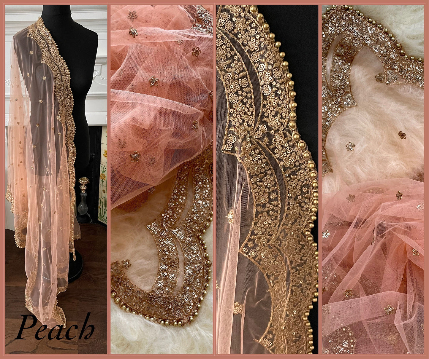 Peach Net Duppattas scallop Sequin border Scarf Chunni Chunri Odhni Eid Outfit update Salwar Kameez Pastels