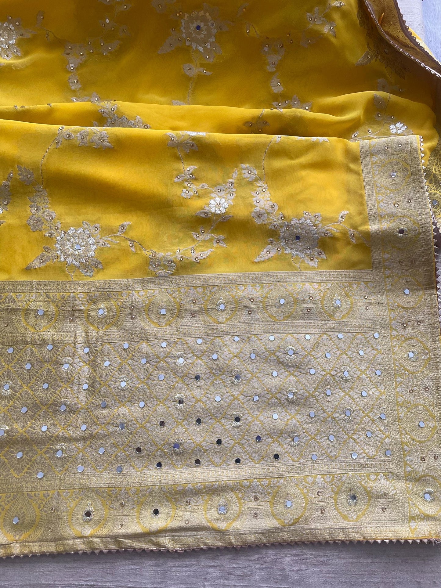 Yellow Benarsi Banarsi Duppattas Scarf Chunni Chunri Odhni with Mirrors and Champagne Rhinestones.