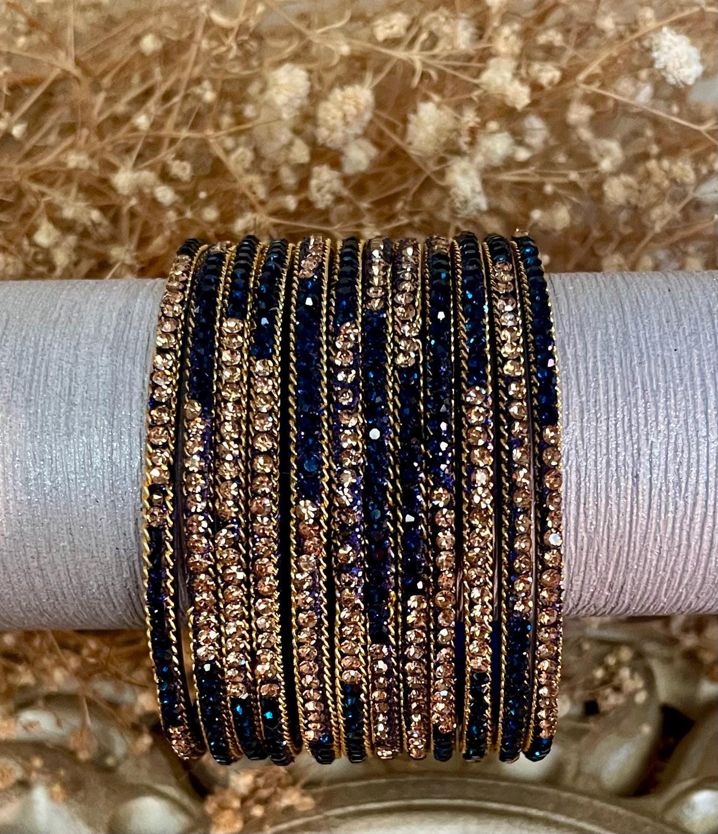 Glass Bangles encrusted with rhinestones and Golden chain on edges| Navy and Gold Stones | 12 Bangles