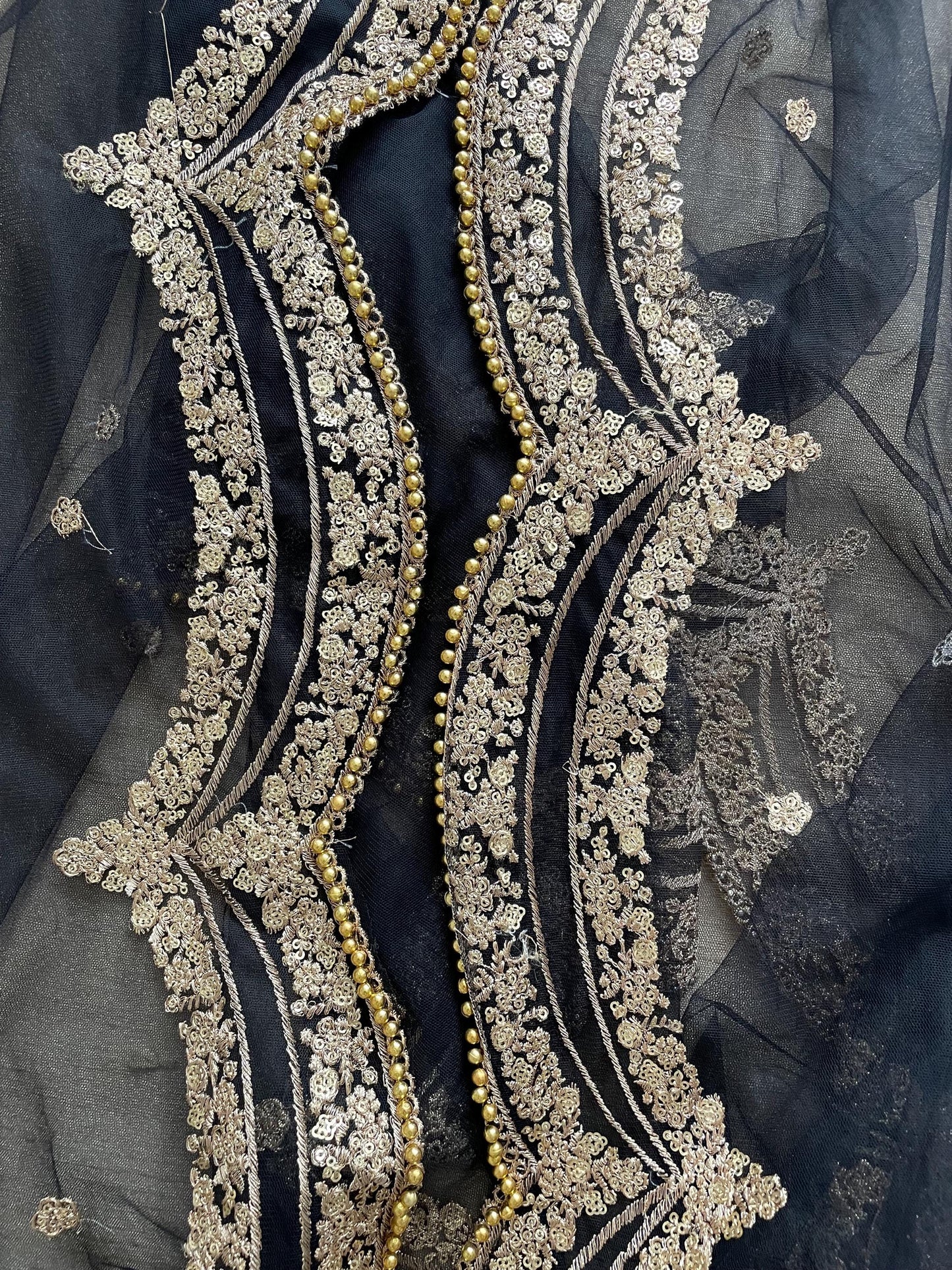 Black Net Dupatta: Scalloped Sequin Border, Golden Beads