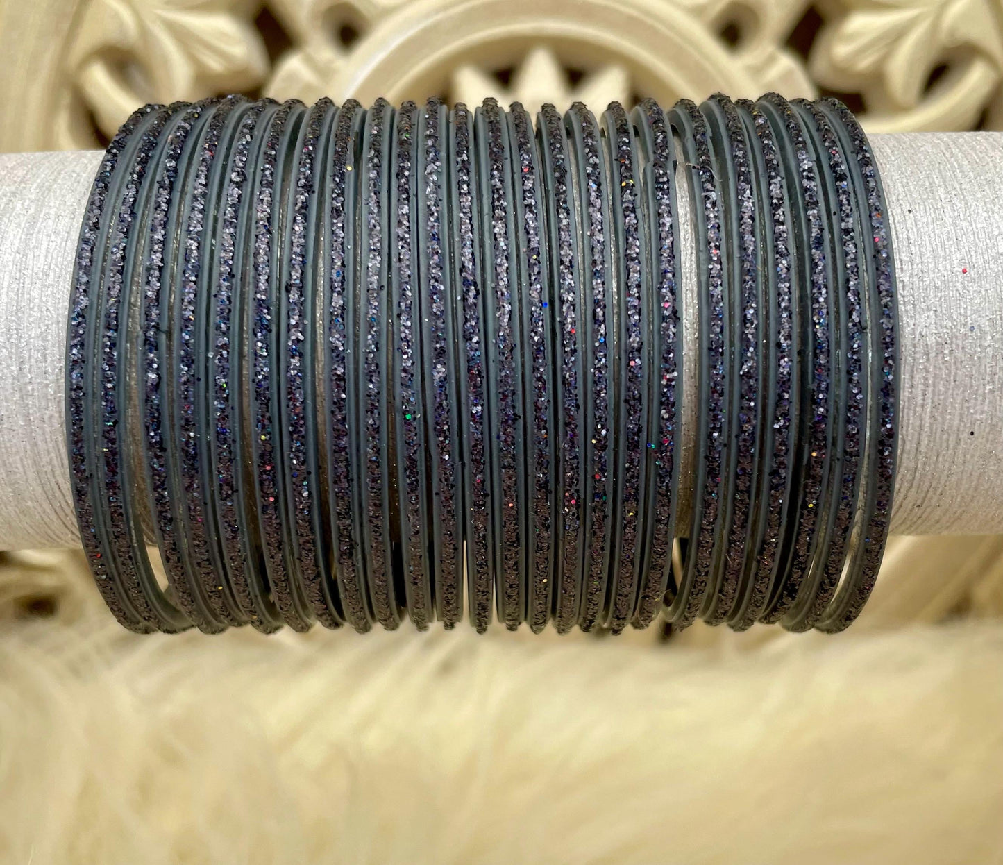 Charcoal Dark Glass Bangles Set with Glitter – Indian Traditional Stack Bracelets for Women, Wedding Jewelry