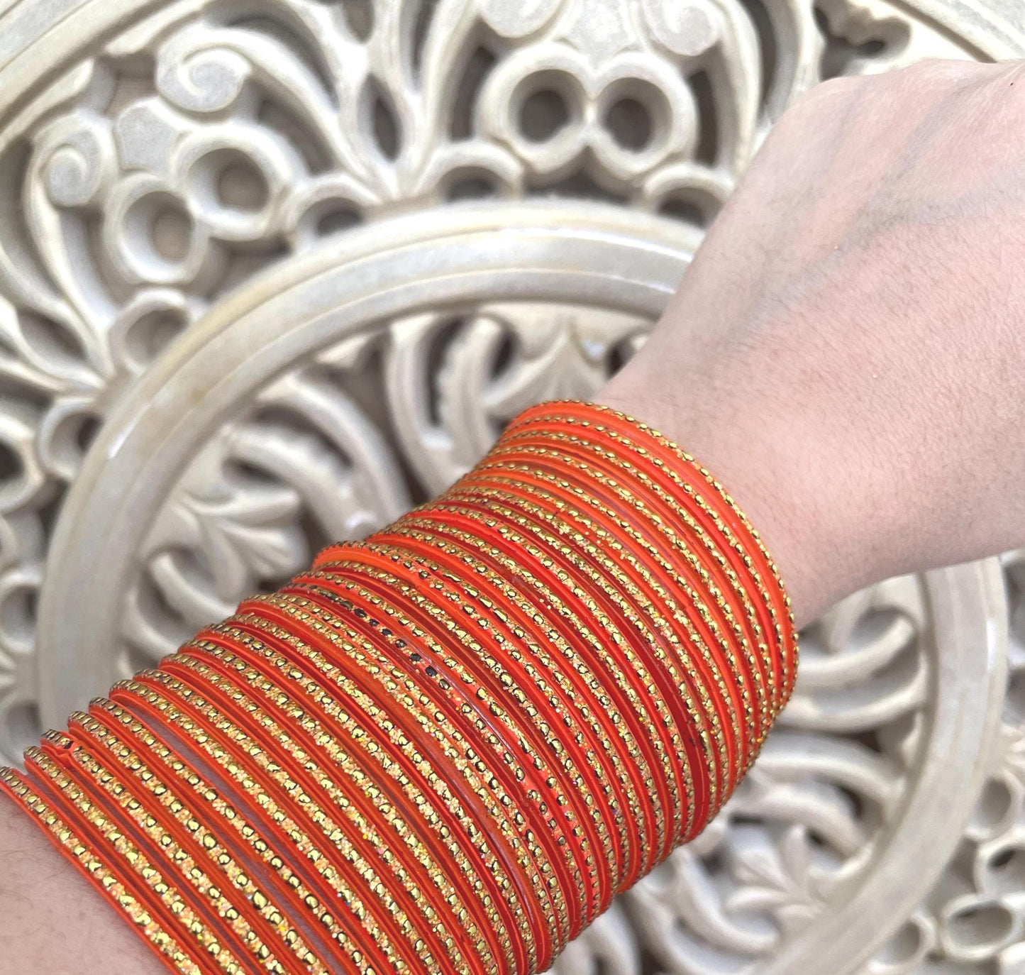12 Glass Glitter Bangles- Orange/Santra
