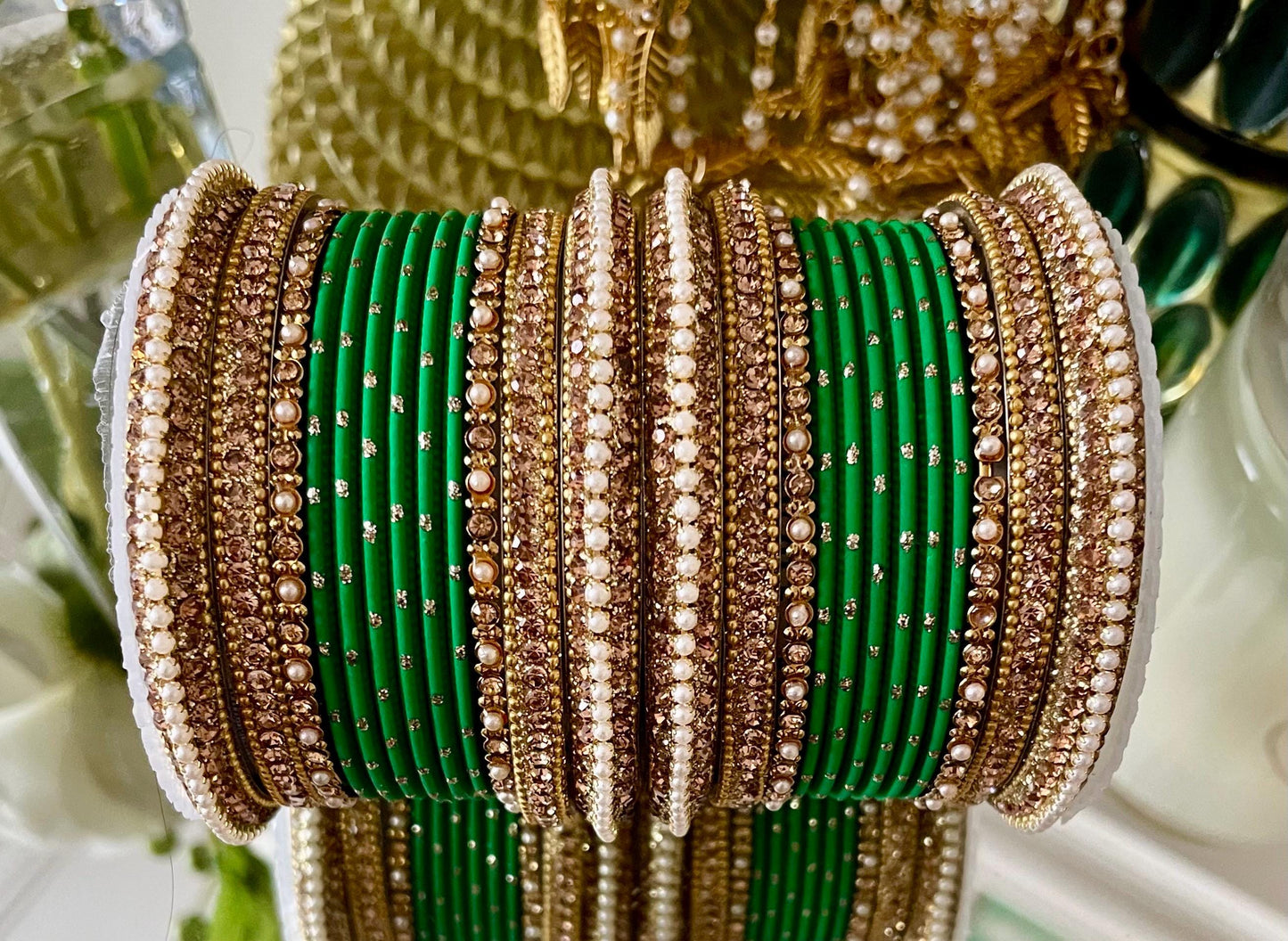 Kimran Bangle Stack for two hands- Pearls and Champagne coloured stones