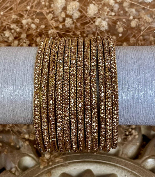 Glass Bangles encrusted with rhinestones and Golden chain on edges| Gold on Gold Stones | 12 Bangles