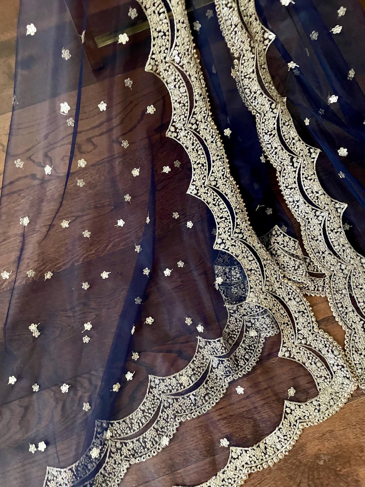 Navy - Blackish Blue| Net Duppattas scallop Sequin Golden beads border Scarf Chunni Chunri