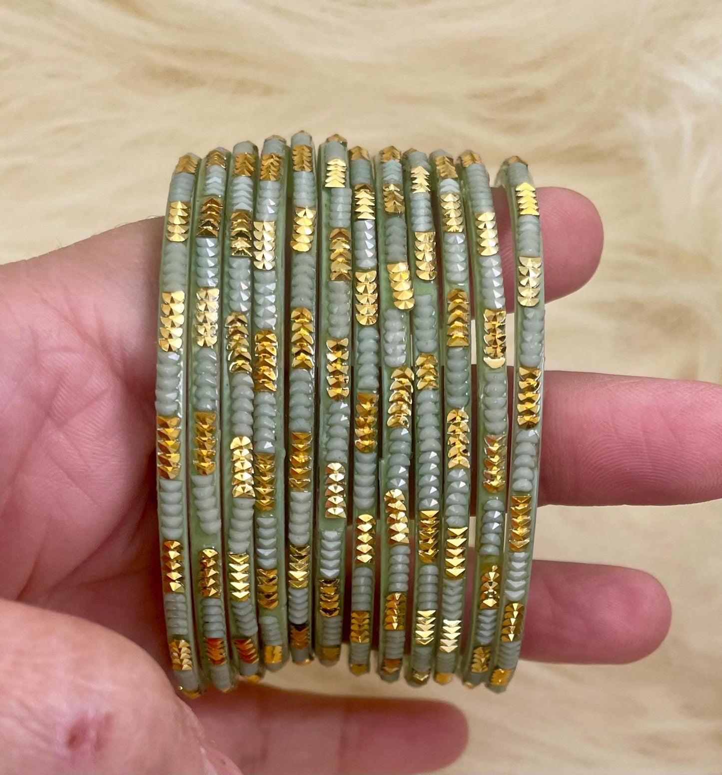 Gray Green Soofiya Angoor Coloured Glass Bangles with embellishments | 12 Bangles