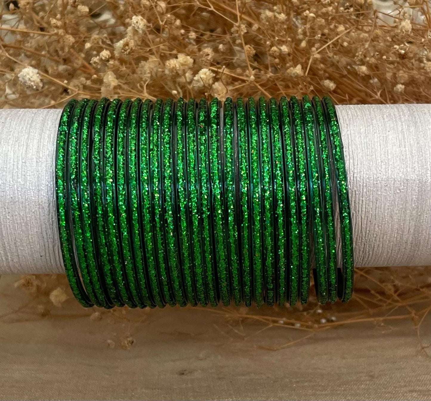 Glass Bangles- Green Dark Kai Colour Pack of 12 Glitter