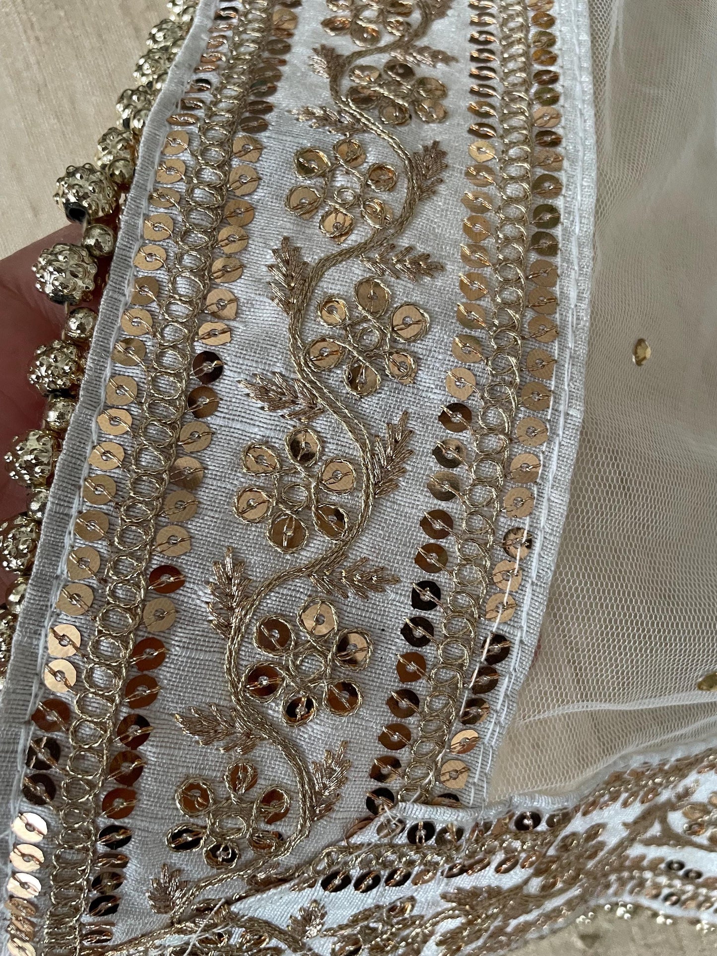 White Bridal Net Duppatta: Golden Bead Trim, Indian Wedding Scarf