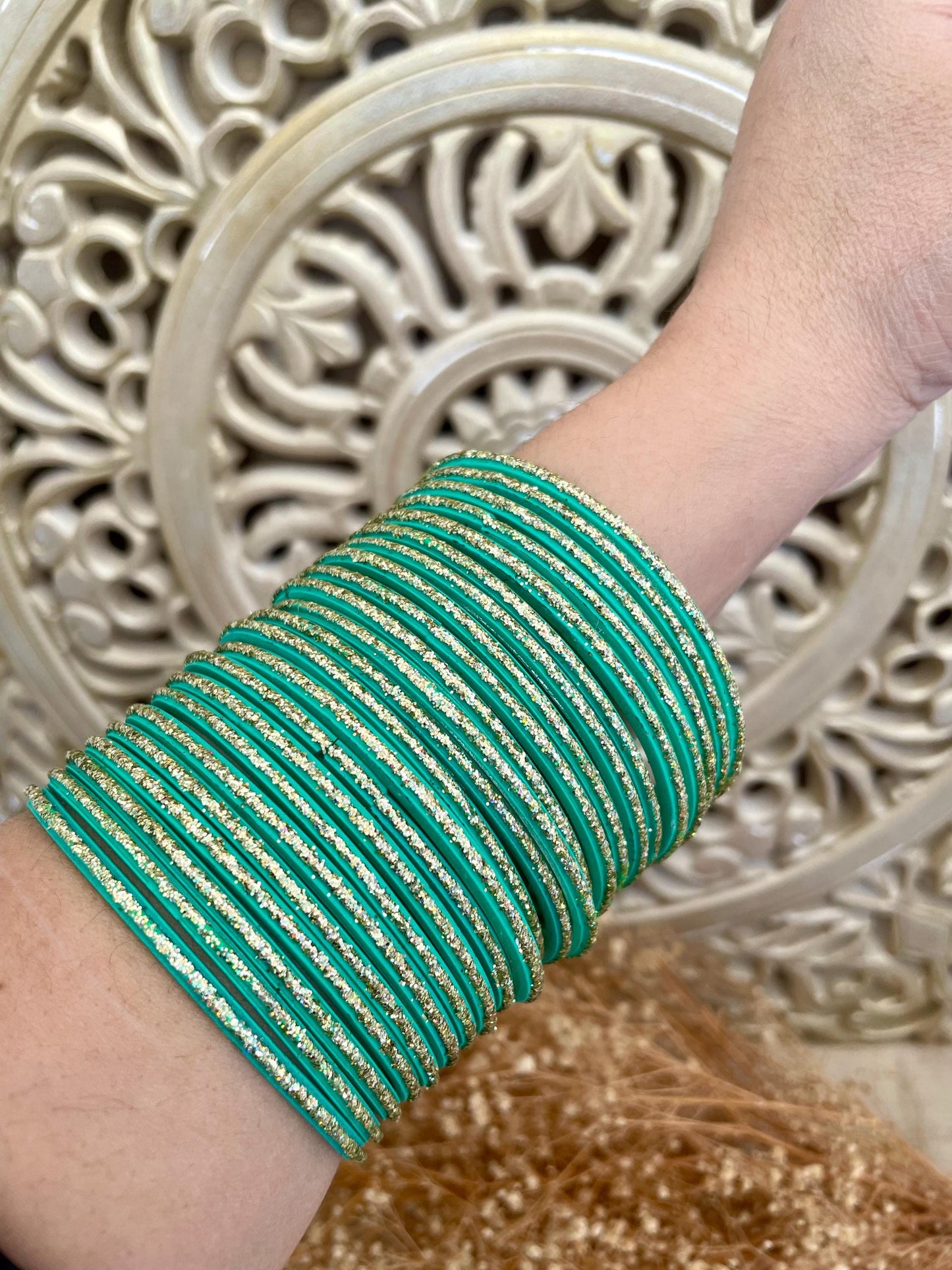 Glass Bangles- Pepsi Green Colour Pack of 12 Glitter