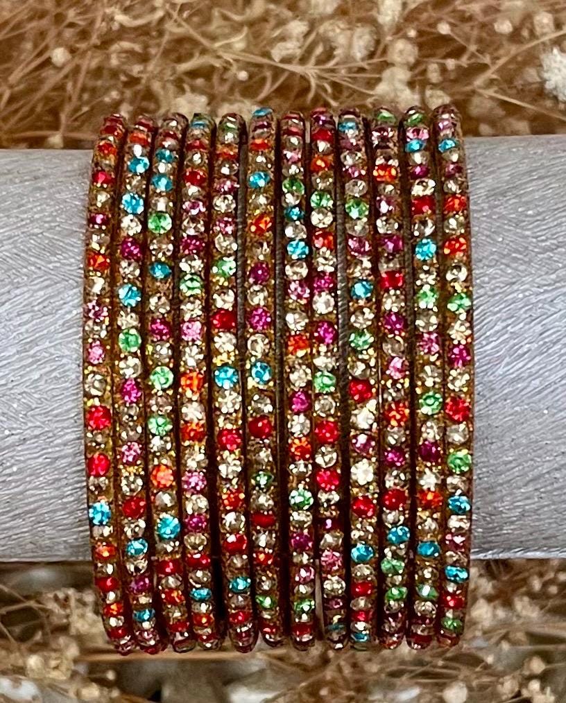Multi Coloured Glass Bangles with sparkling LCD stones| 12 Bangles
