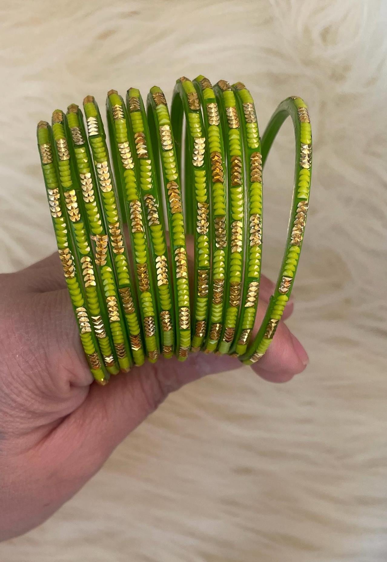 Light Green Tota Coloured Glass Bangles with embellishments | 12 Bangles