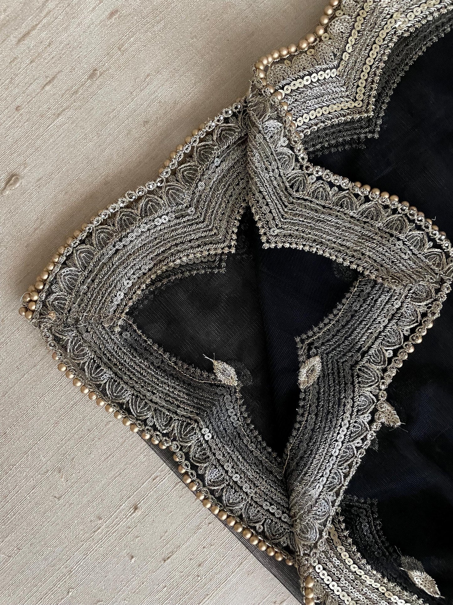 Black Net Dupatta: Scalloped Sequin Border, Golden Beads