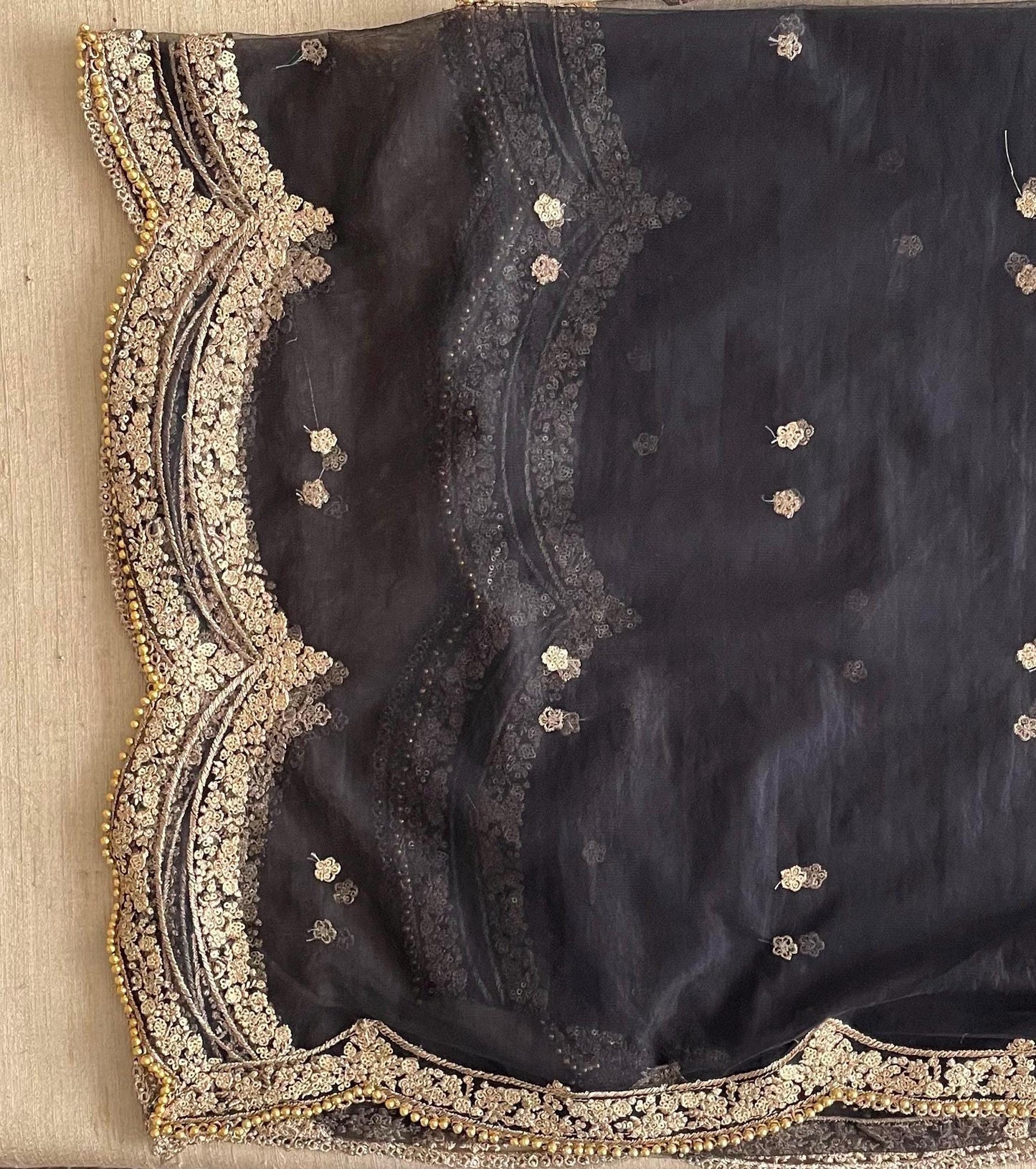 Black Net Dupatta: Scalloped Sequin Border, Golden Beads
