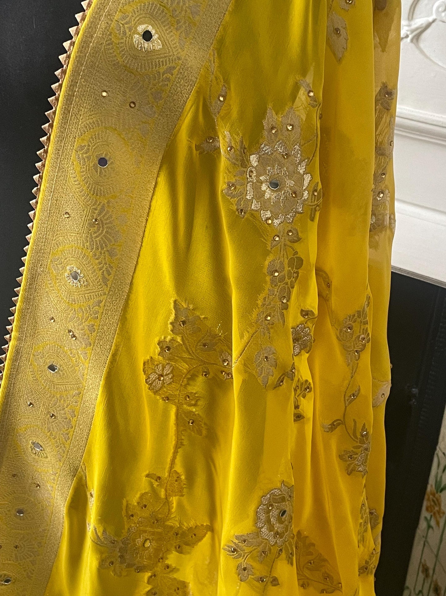 Yellow Benarsi Banarsi Duppattas Scarf Chunni Chunri Odhni with Mirrors and Champagne Rhinestones.