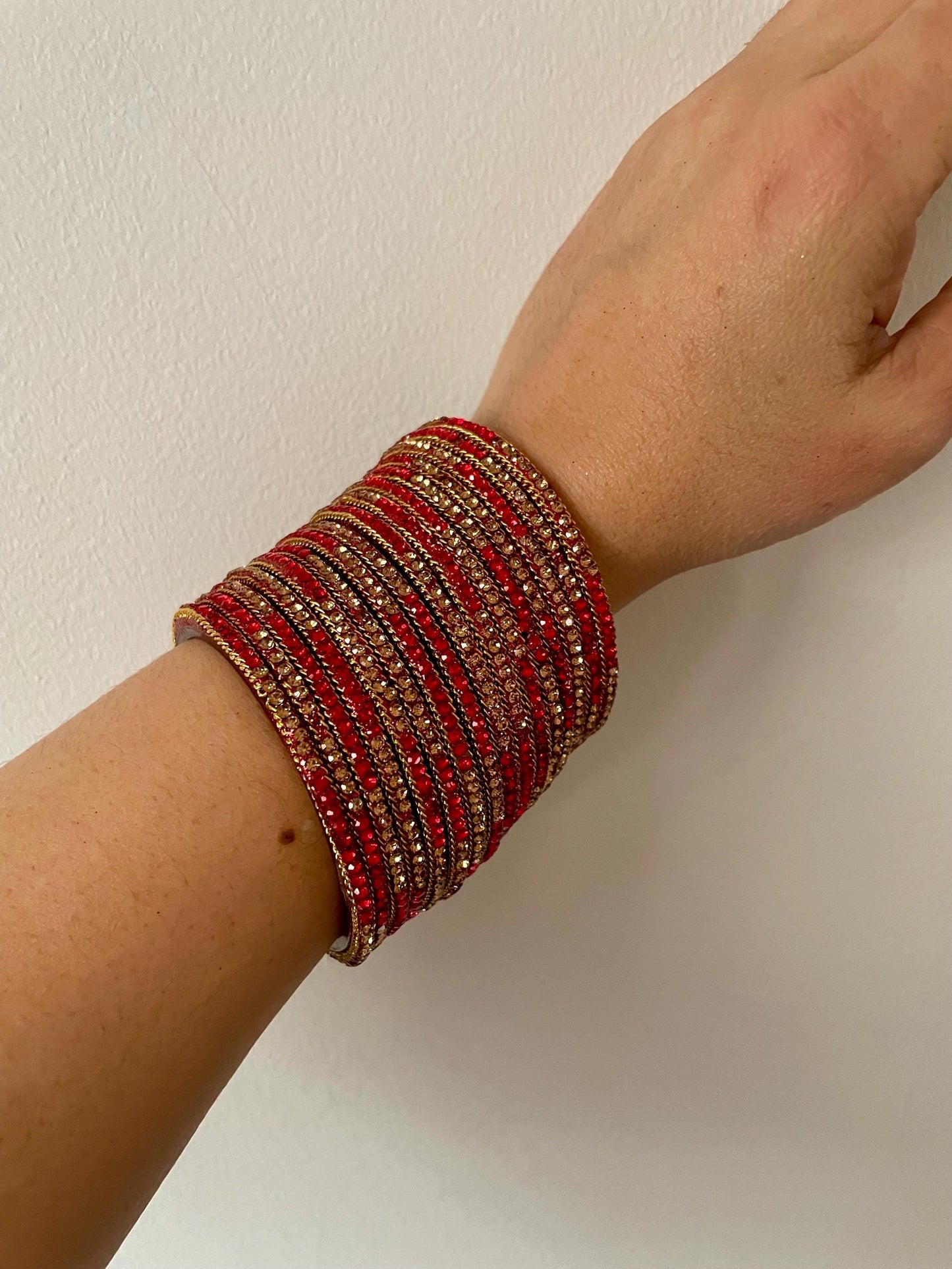 Glass Bangles encrusted with rhinestones and Golden chain on edges| Red and Gold Stones | 12 Bangles