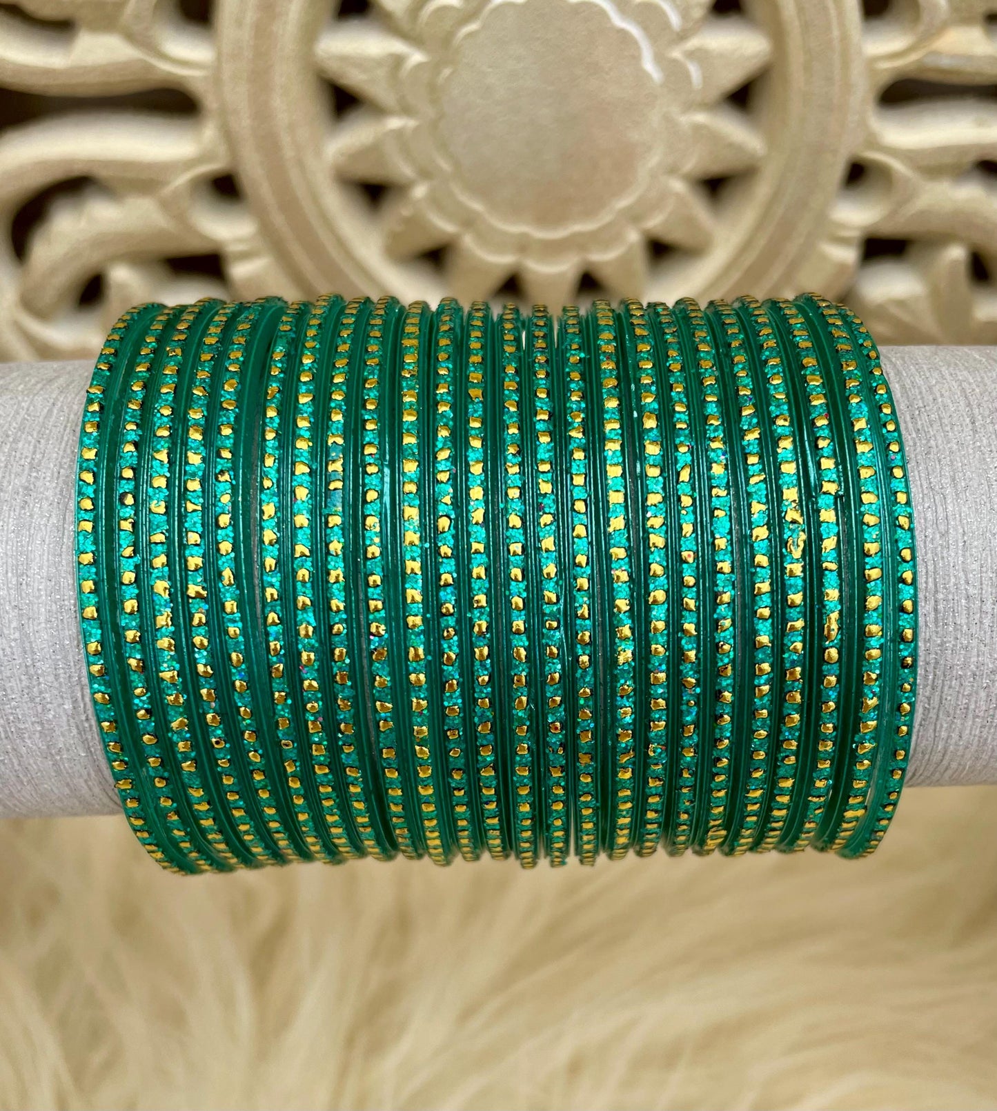 Glass Bangles- Peacock Green Teal Colour Pack of 12 Glitter