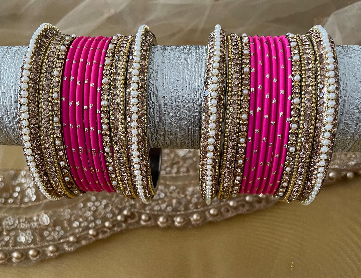 Kimran Bangle Stack for two hands- Pearls and Champagne coloured stones