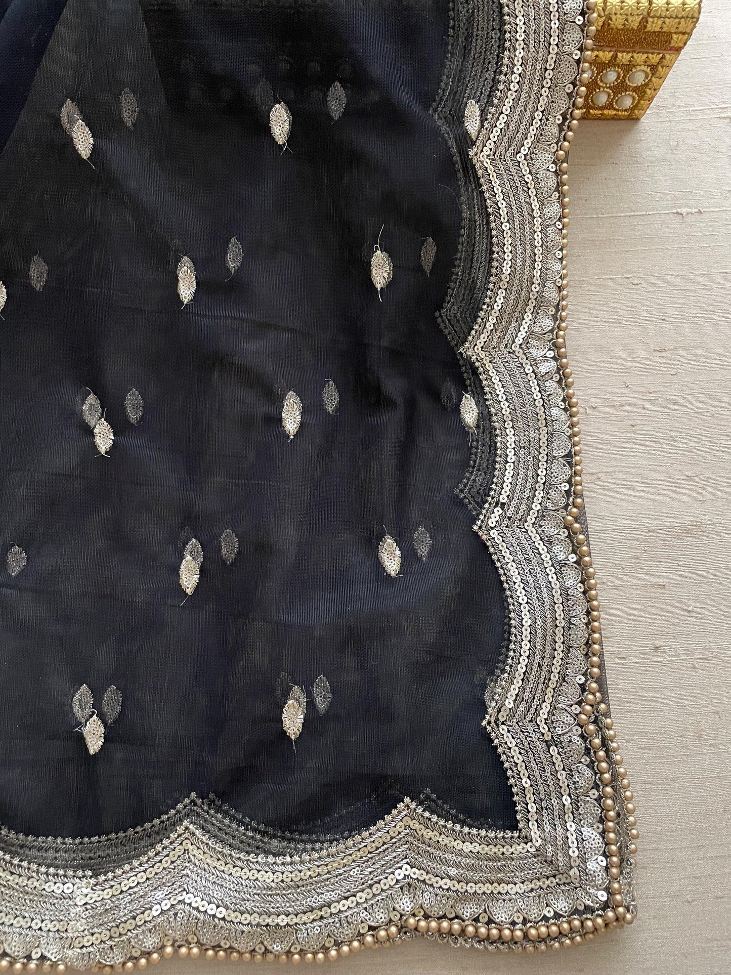 Black Net Dupatta: Scalloped Sequin Border, Golden Beads