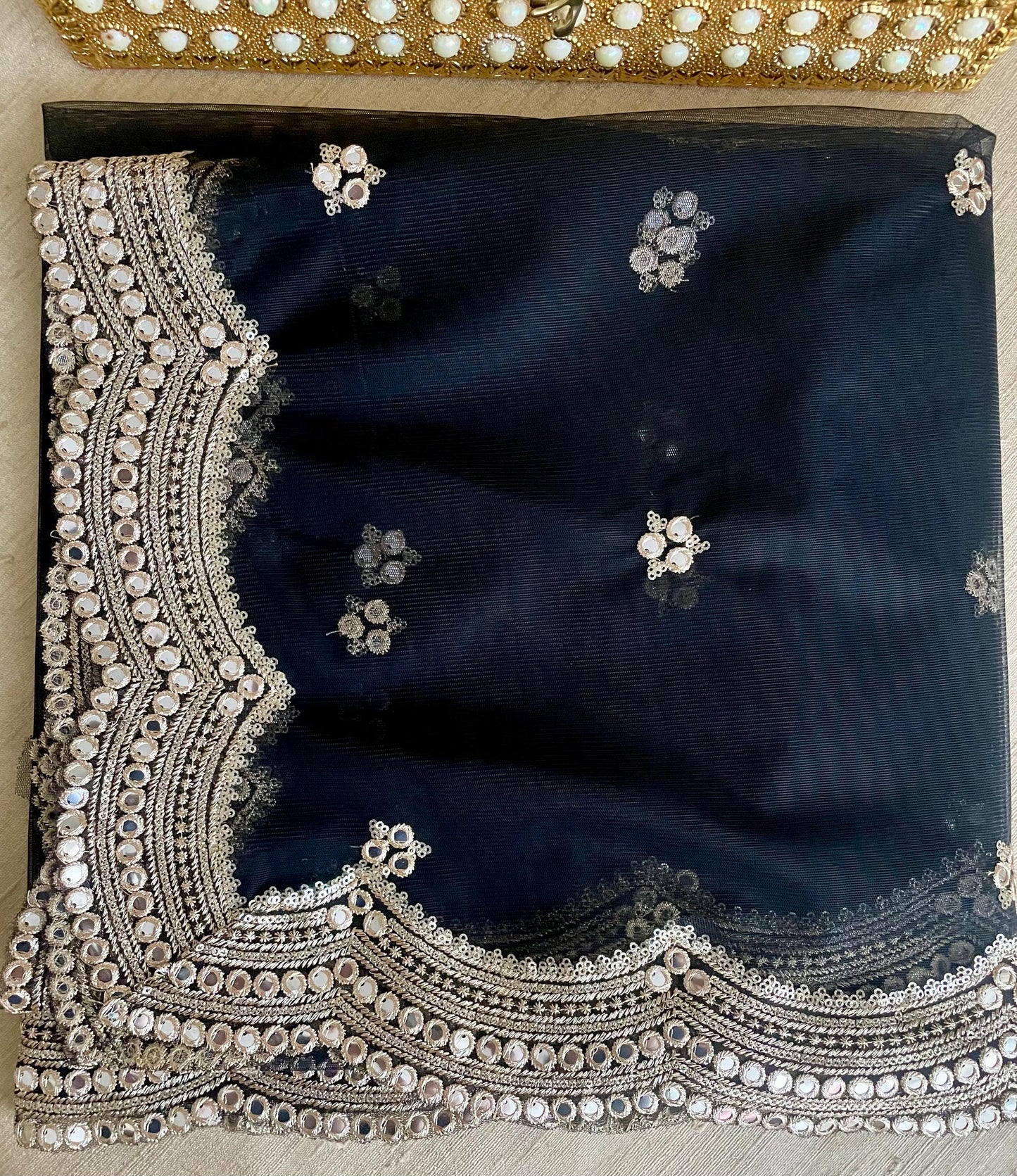 Black| Kalaa Net Duppattas scallop Sequin border Scarf Chunni Chunri Foil Mirror Border