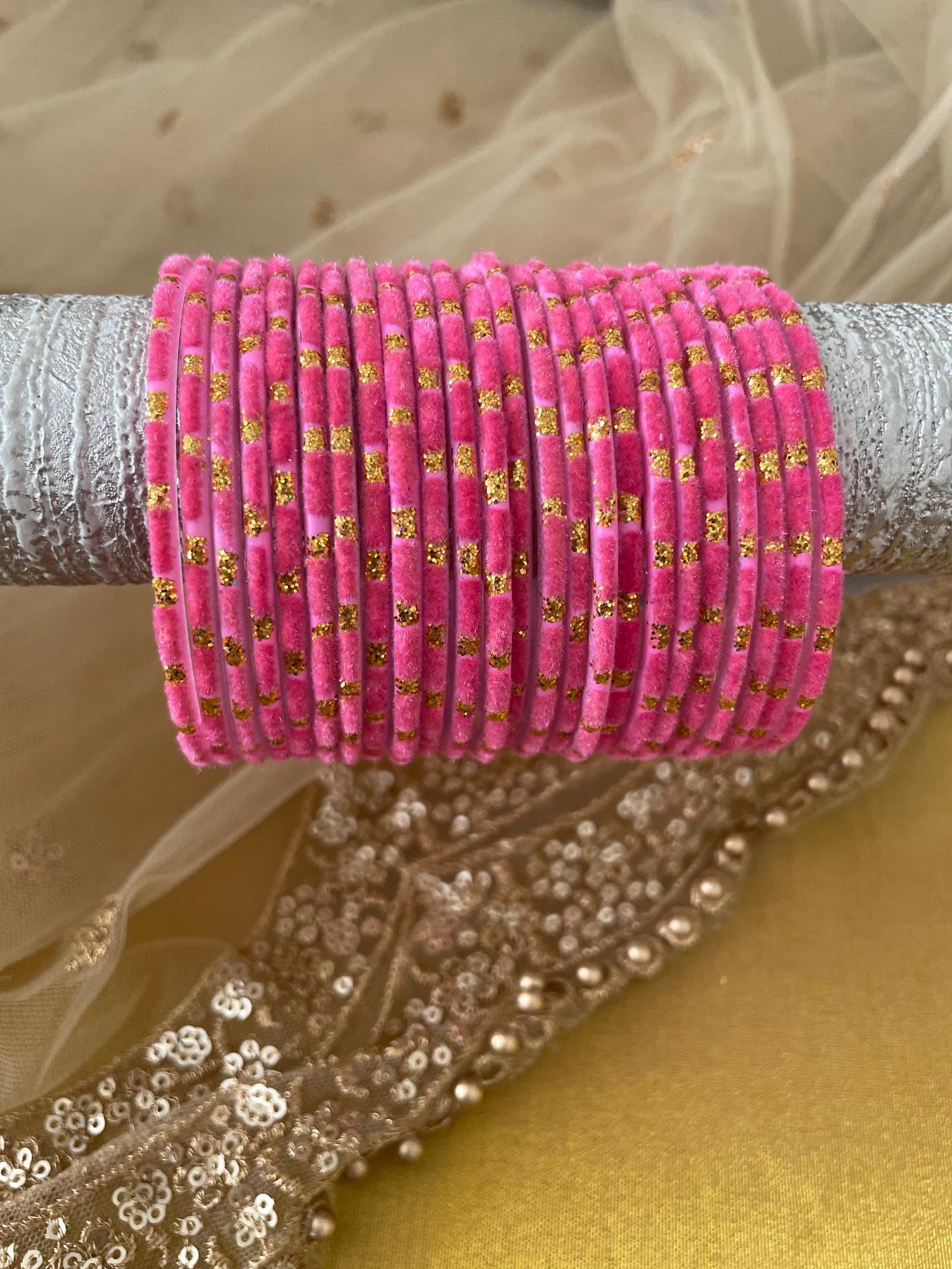 Glass Bangles- Light Pink Velvet for Karwa Chauth Eid Diwali
