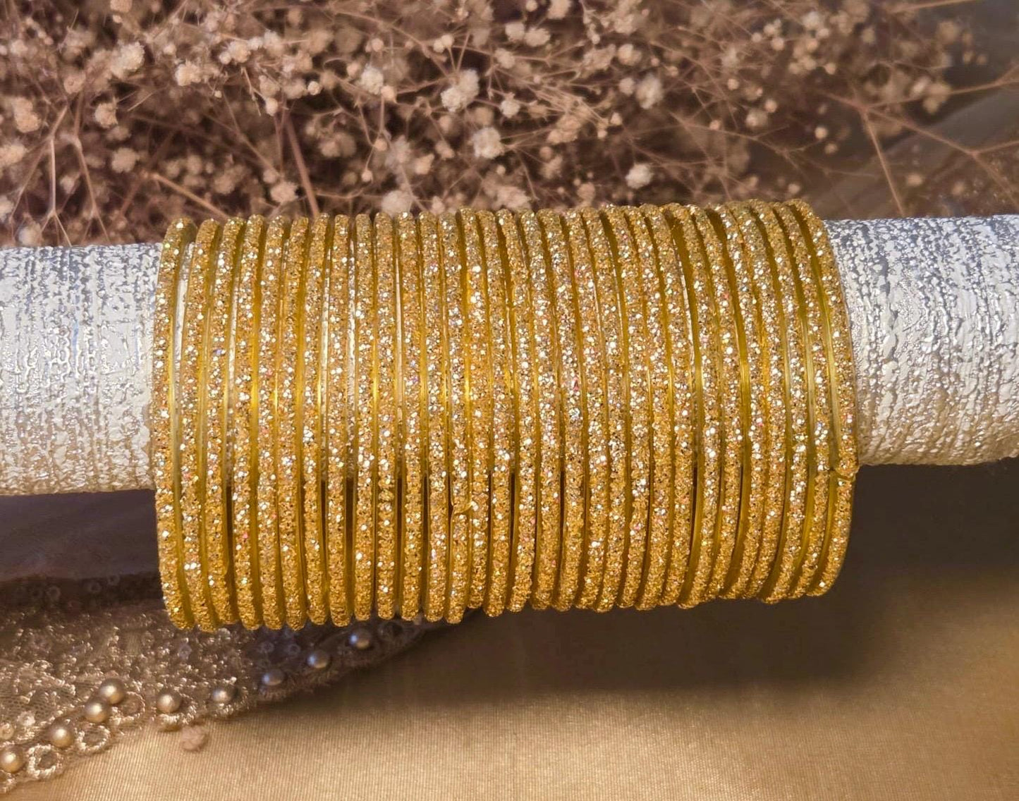 Glass Bangles- Golden Pack of 12 Glitter Gold