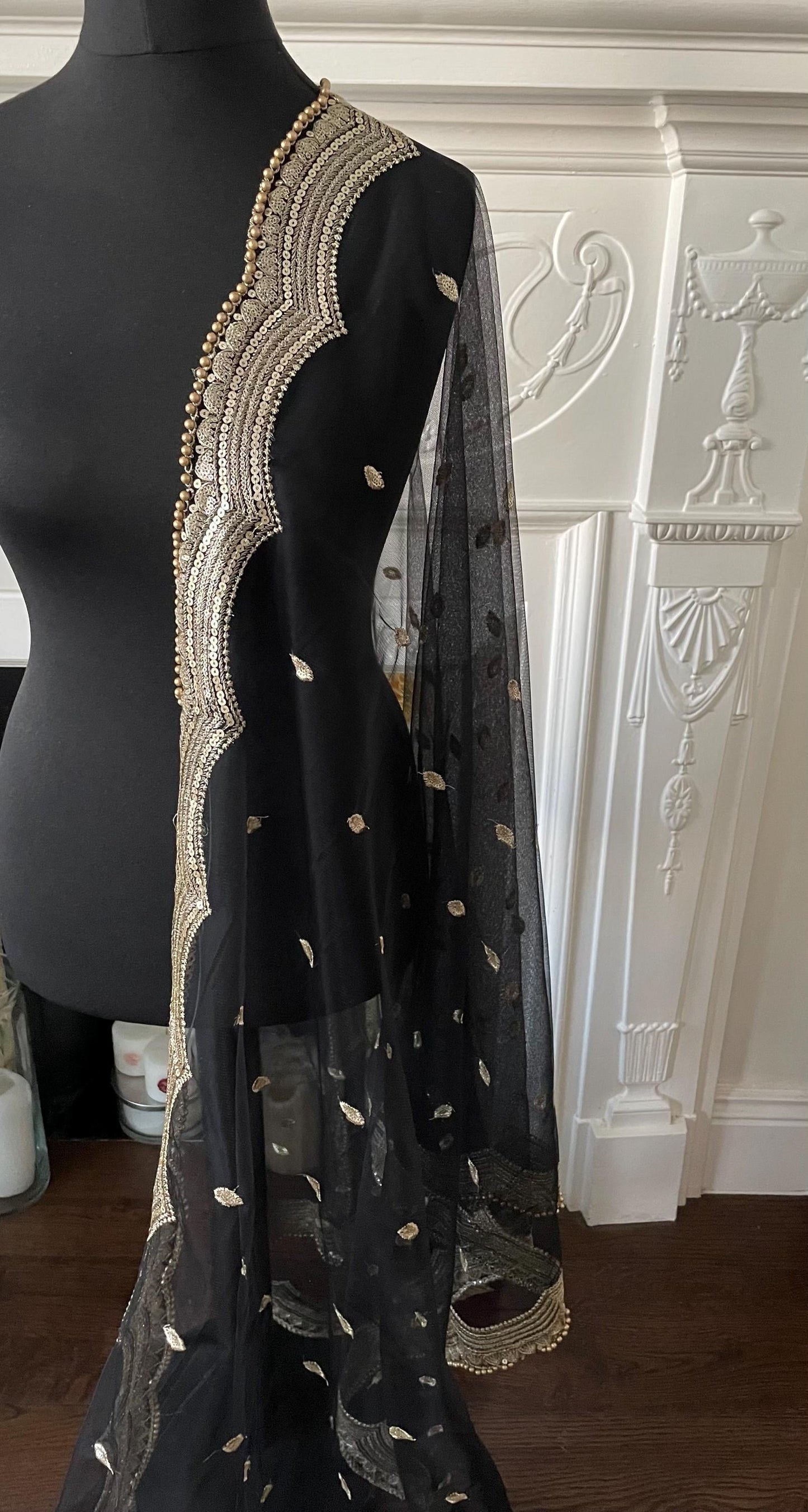 Black Net Dupatta: Scalloped Sequin Border, Golden Beads