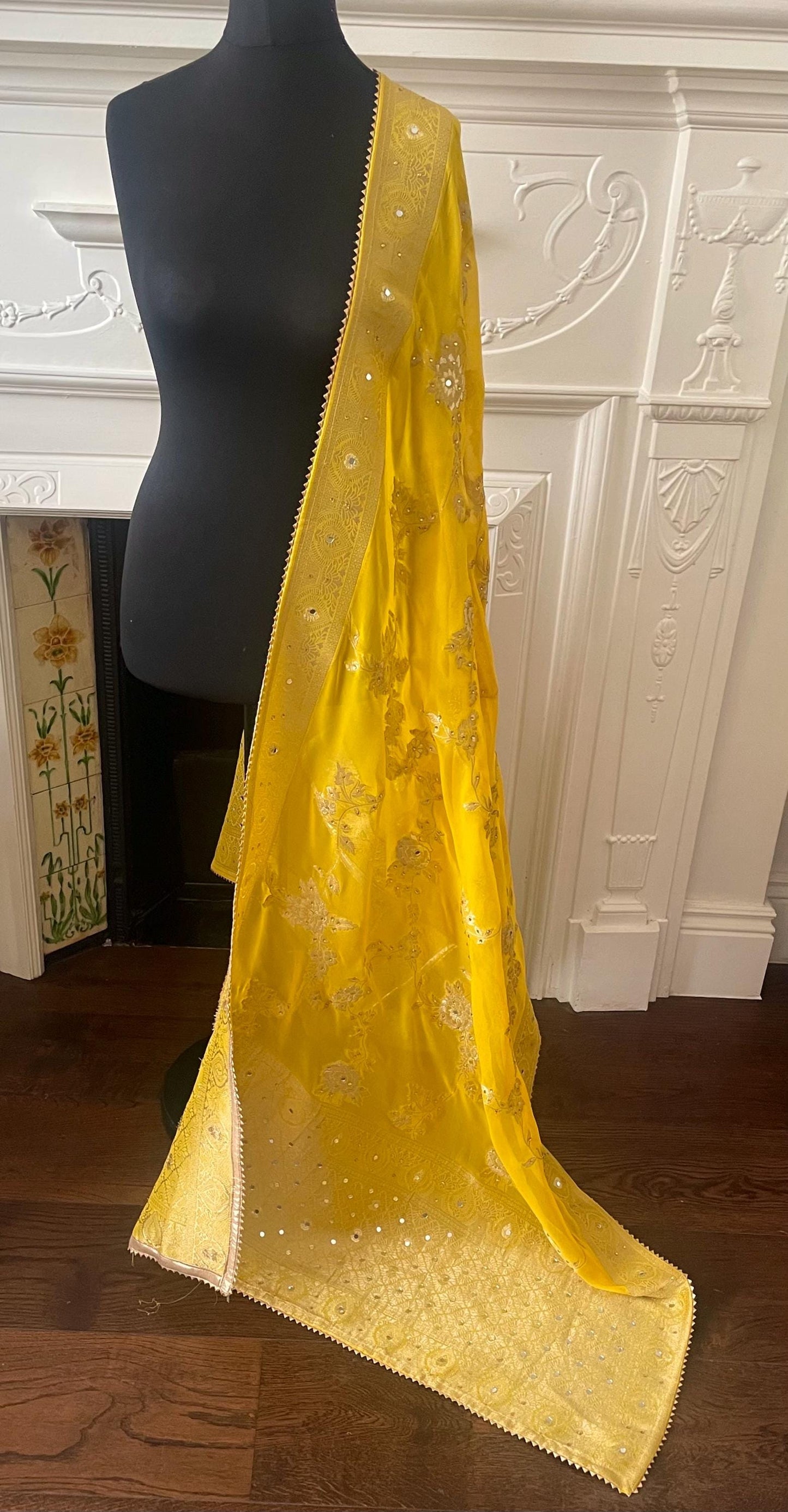 Yellow Benarsi Banarsi Duppattas Scarf Chunni Chunri Odhni with Mirrors and Champagne Rhinestones.