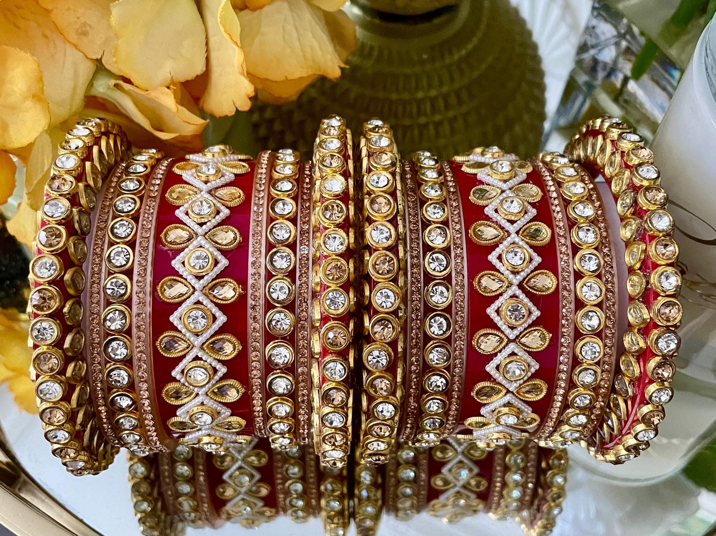 Kundan Rhinestone Bridal Chooda: Indian Bangle Stack, Rajasthani Style