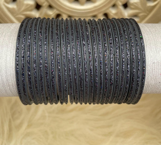 Charcoal Dark Glass Bangles Set with Glitter – Indian Traditional Stack Bracelets for Women, Wedding Jewelry