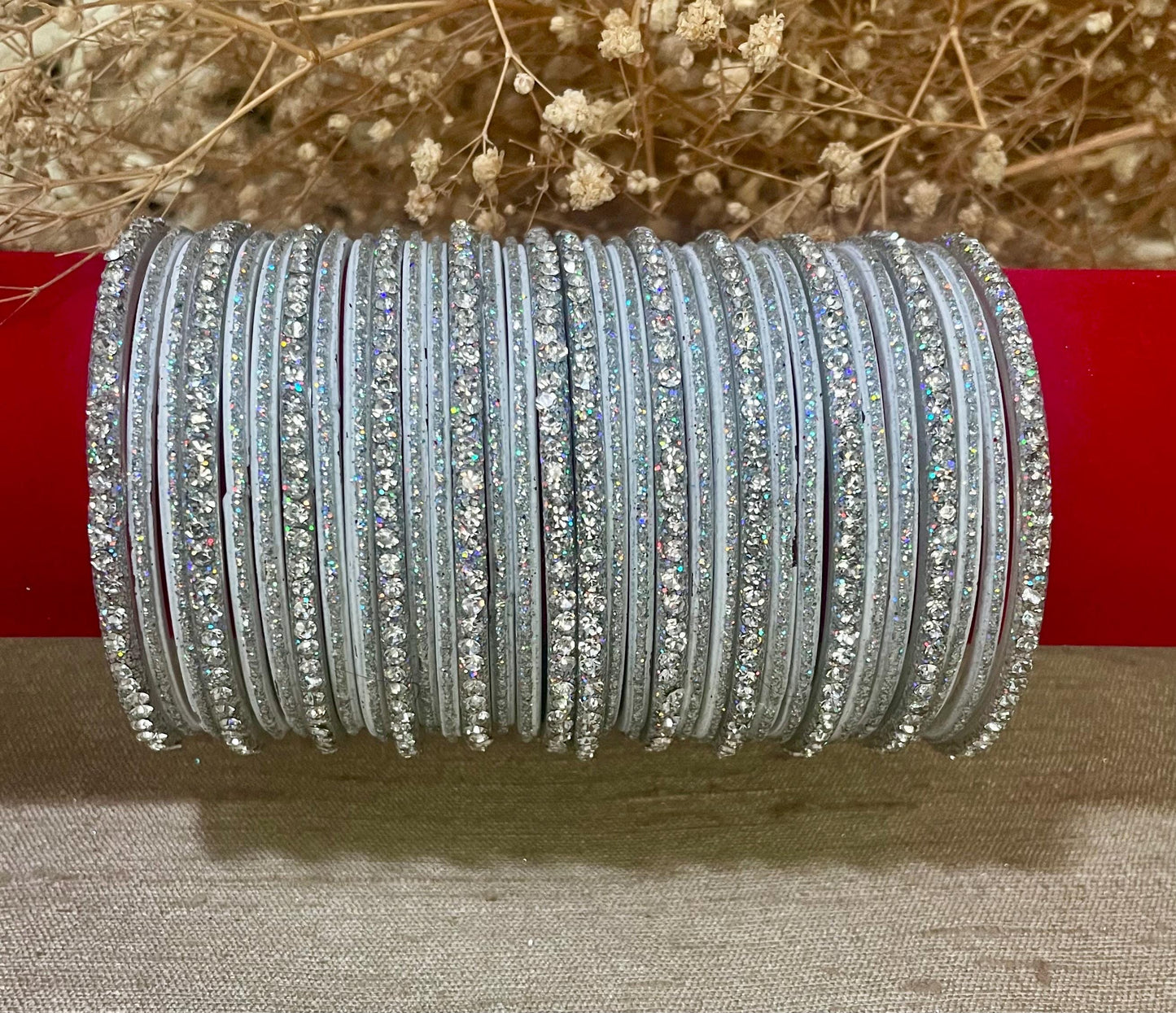 Glass Bangles Silver and White Sparkle and Glitter Stones | 32 Bangles| Set for two hands