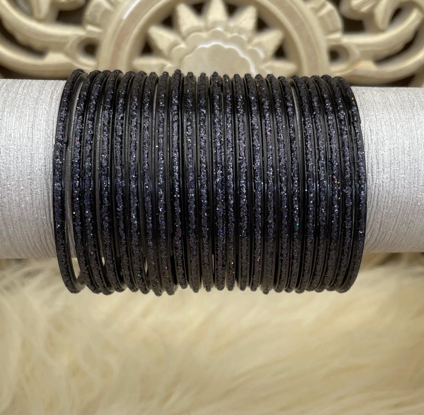 Glass Bangles- Black Colour Pack of 12 Glitter
