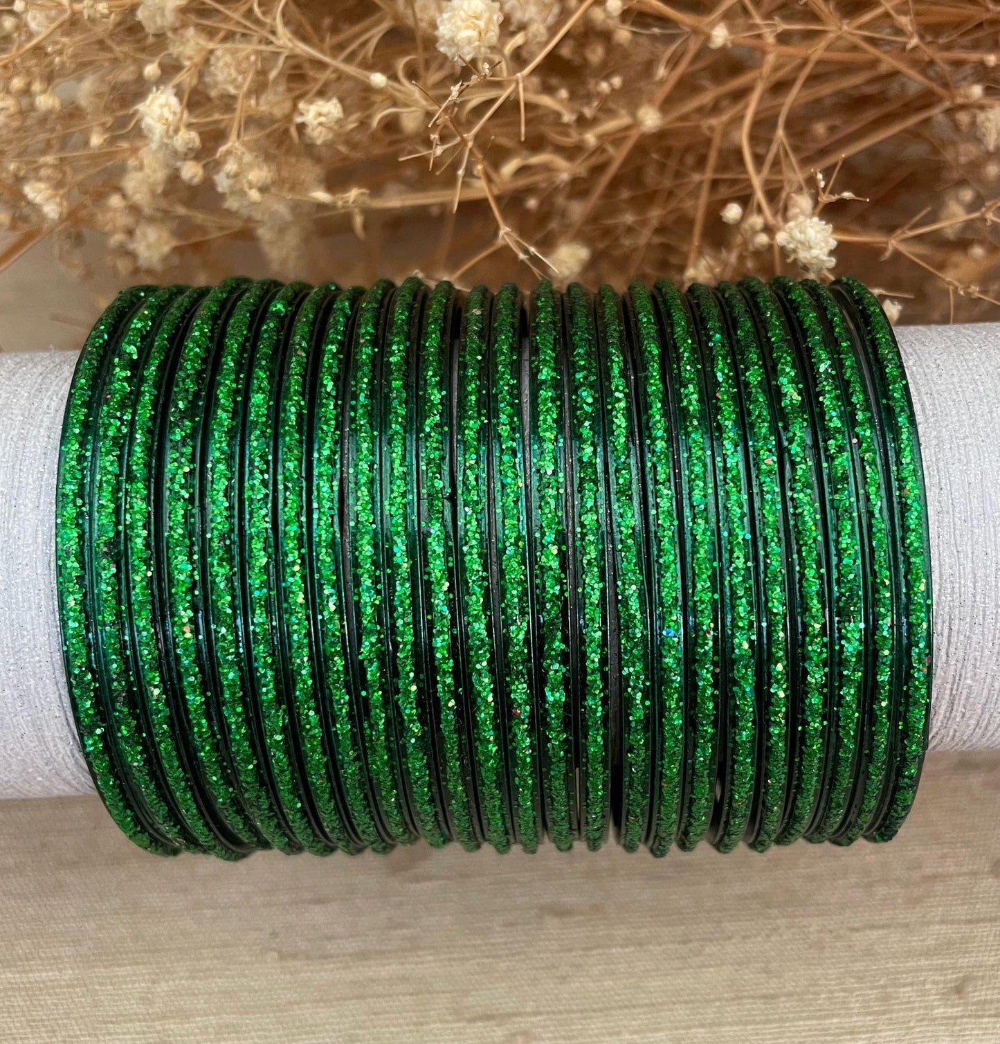 Glass Bangles- Green Dark Kai Colour Pack of 12 Glitter