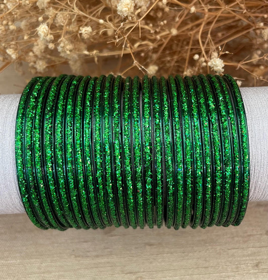 Glass Bangles- Green Dark Kai Colour Pack of 12 Glitter