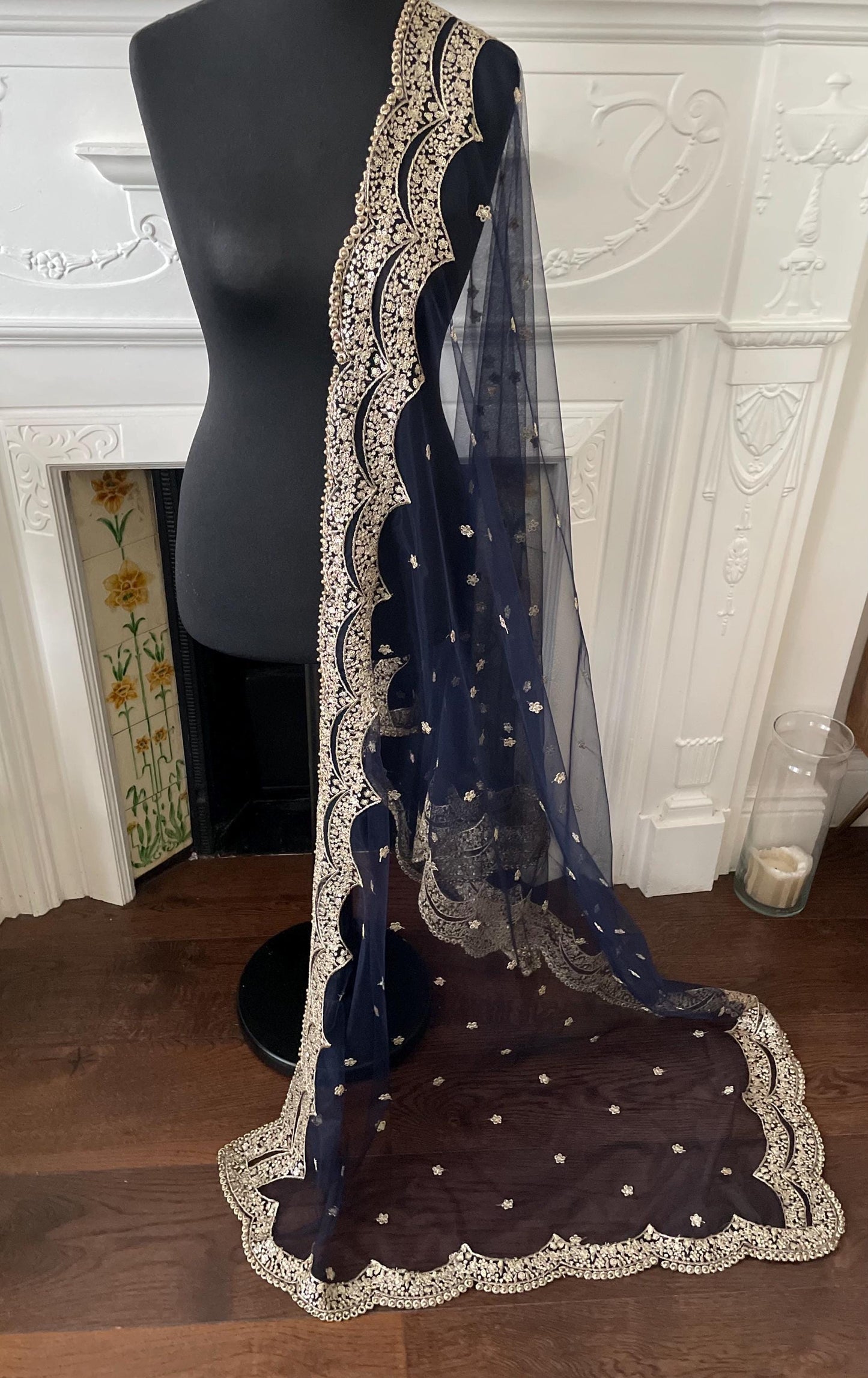 Navy - Blackish Blue| Net Duppattas scallop Sequin Golden beads border Scarf Chunni Chunri