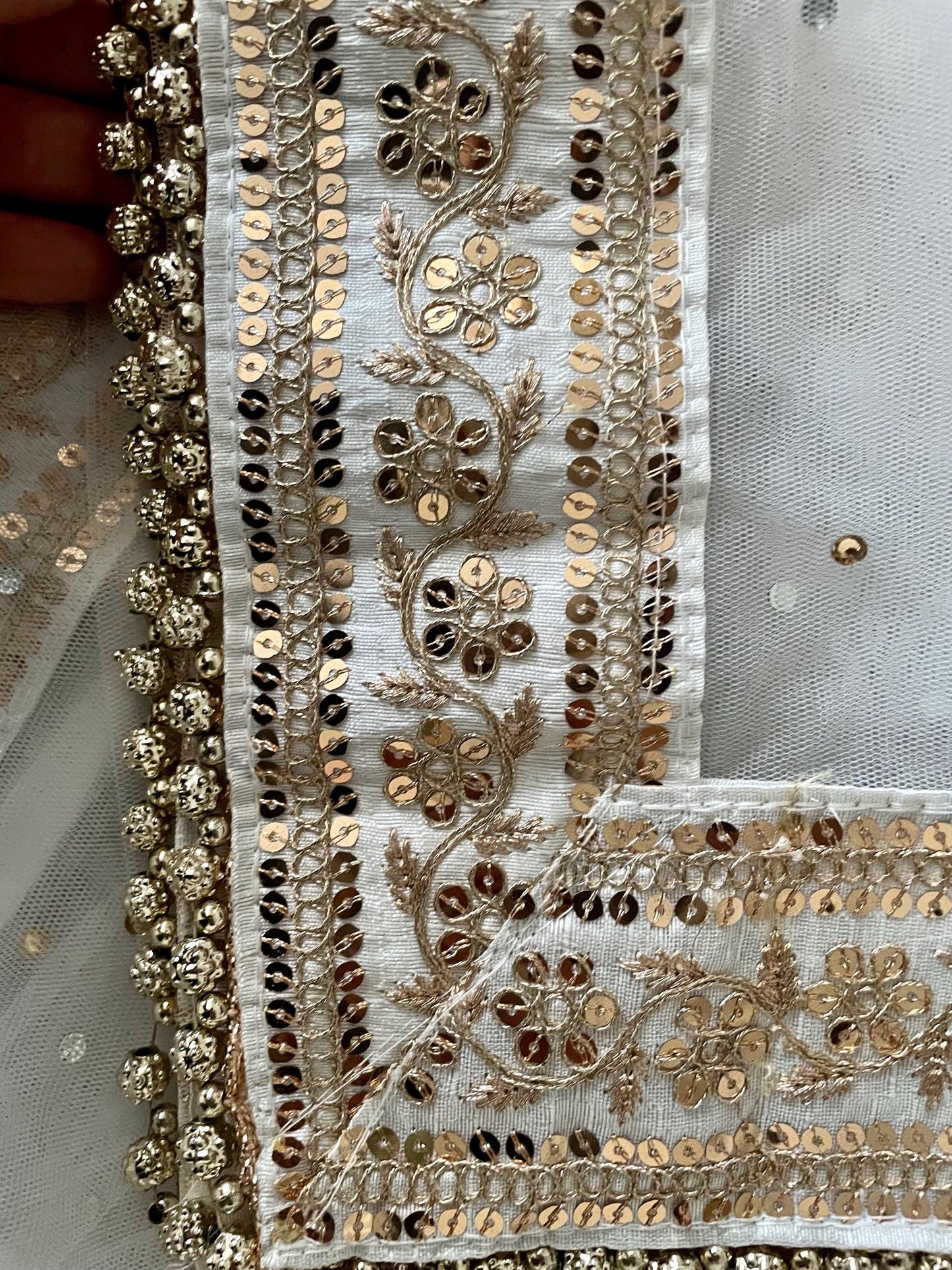 White Bridal Net Duppatta: Golden Bead Trim, Indian Wedding Scarf