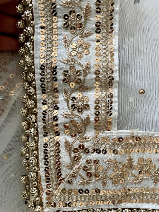 White Bridal Net Duppatta: Golden Bead Trim, Indian Wedding Scarf